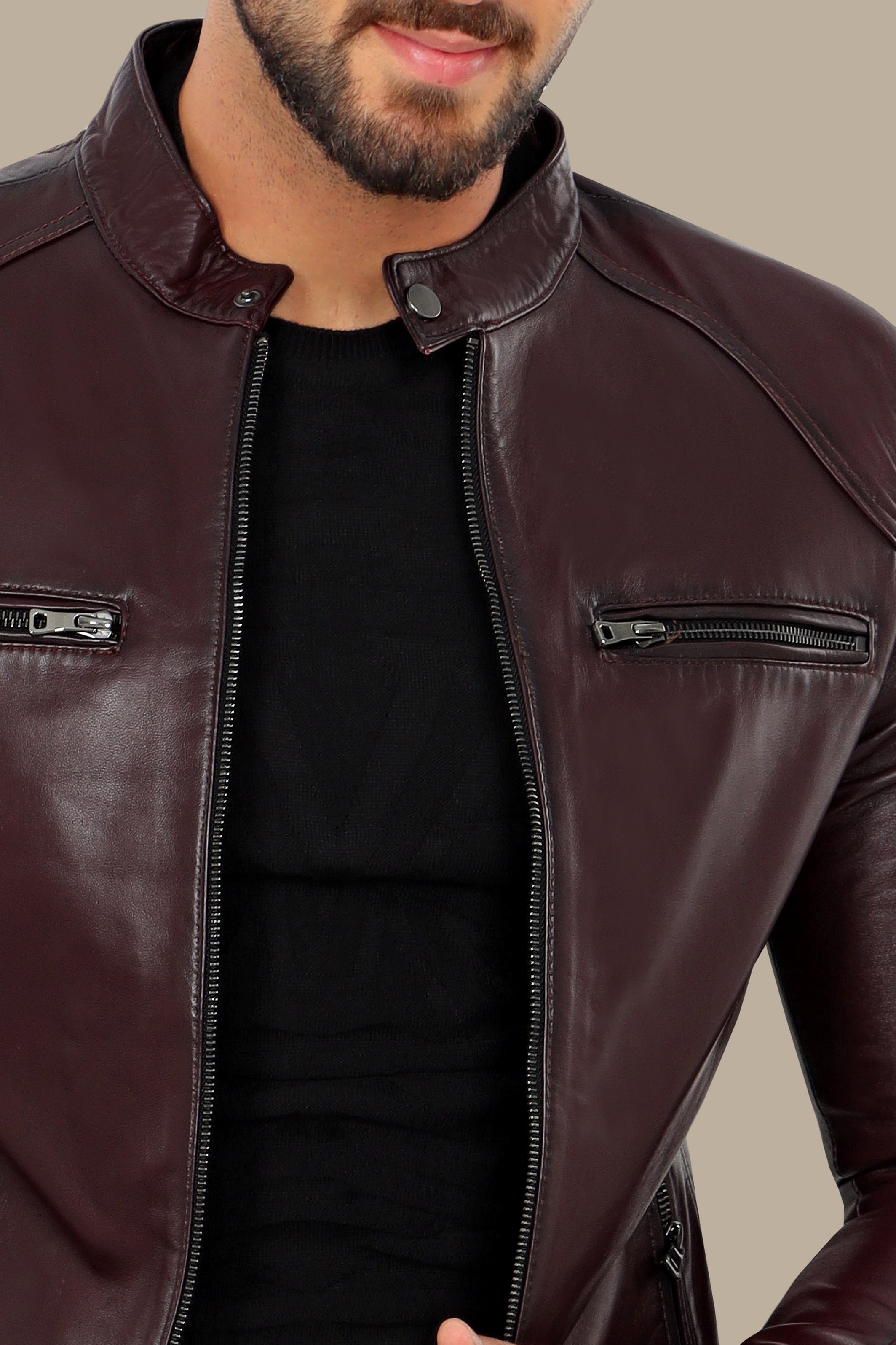 Burgundy Blaze: Leather Collar Jacket with Quadruple Zippers