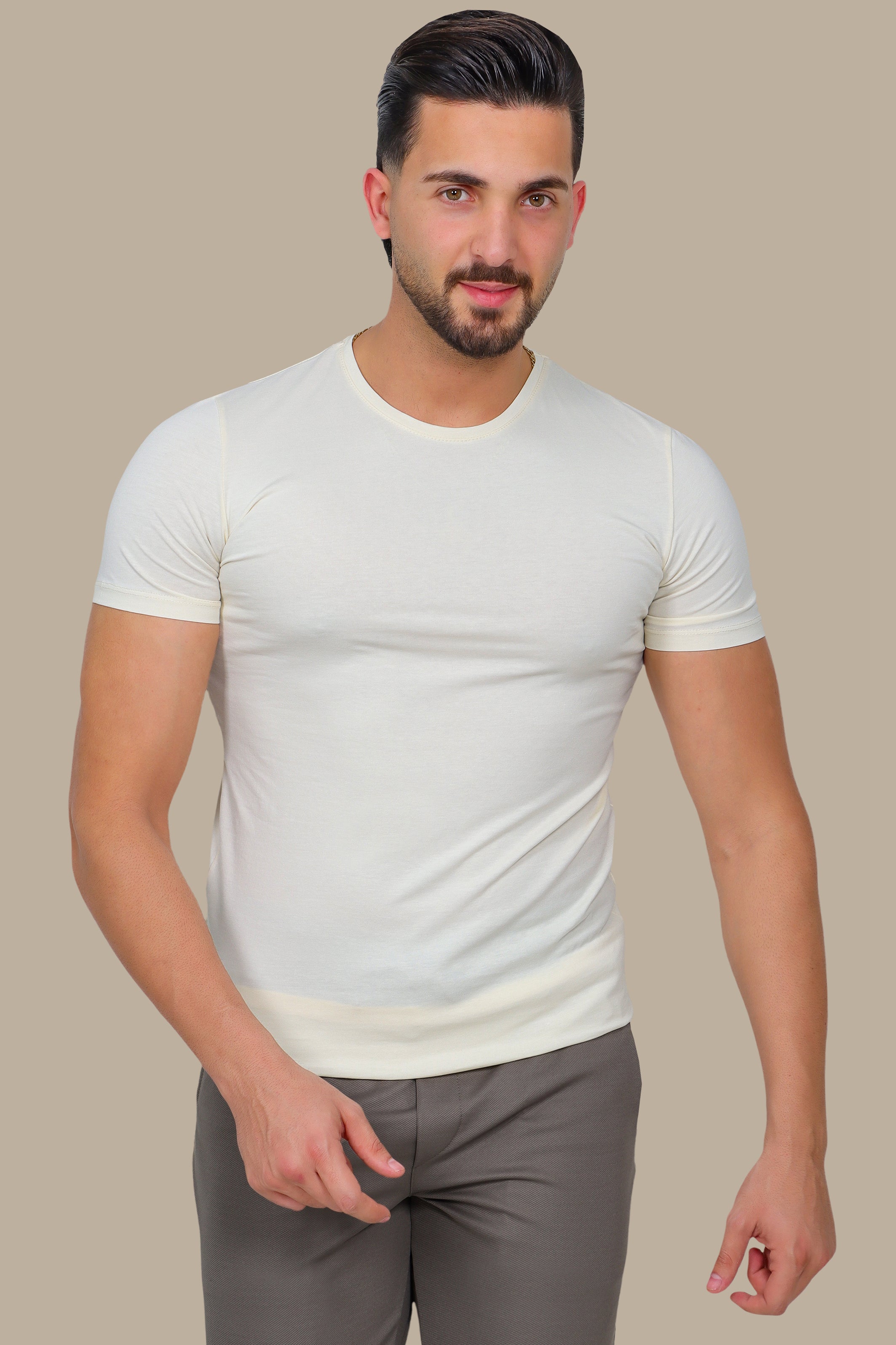Light Beige Basic Round Neck T-Shirt