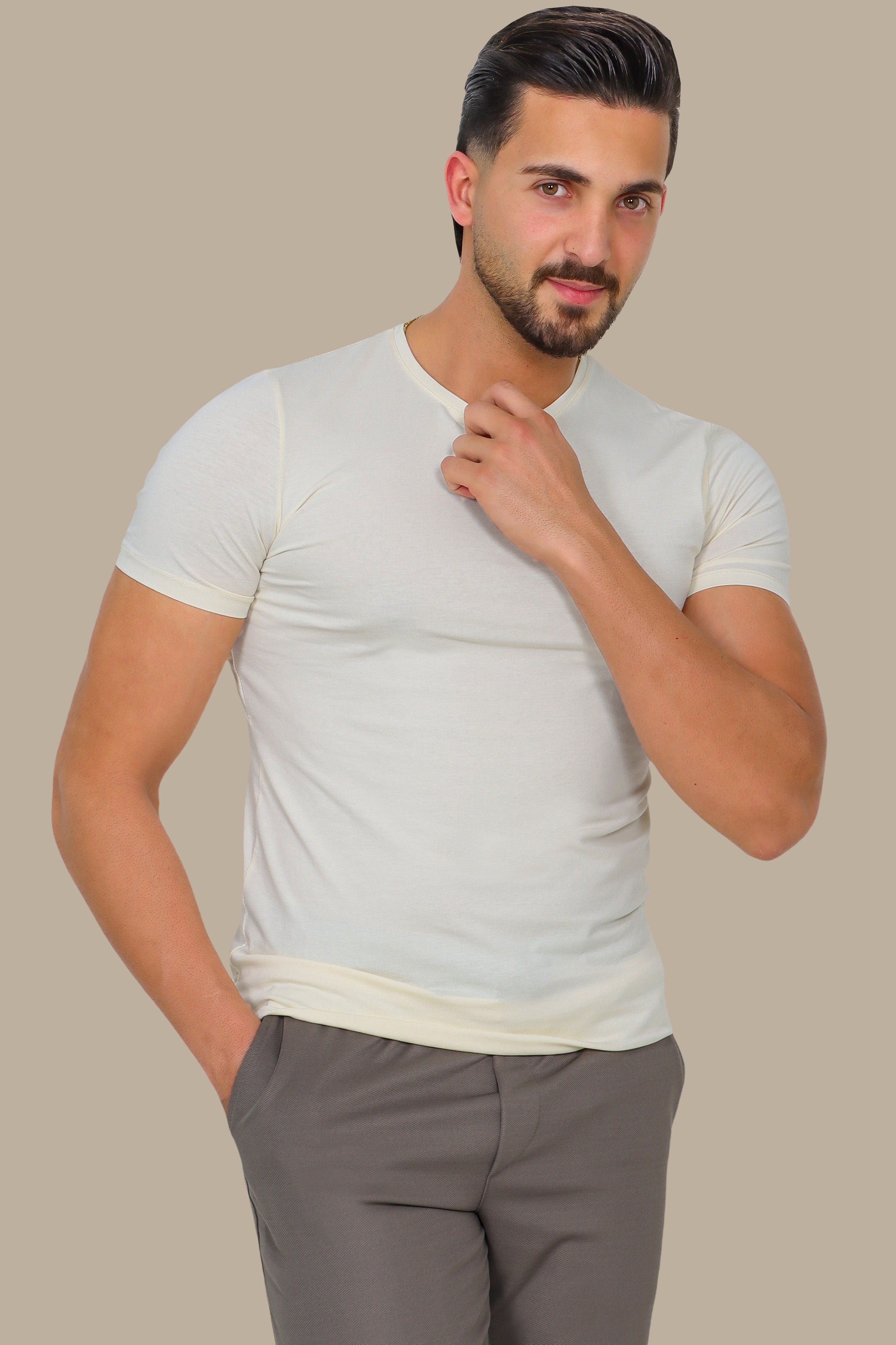 Light Beige Basic Round Neck T-Shirt