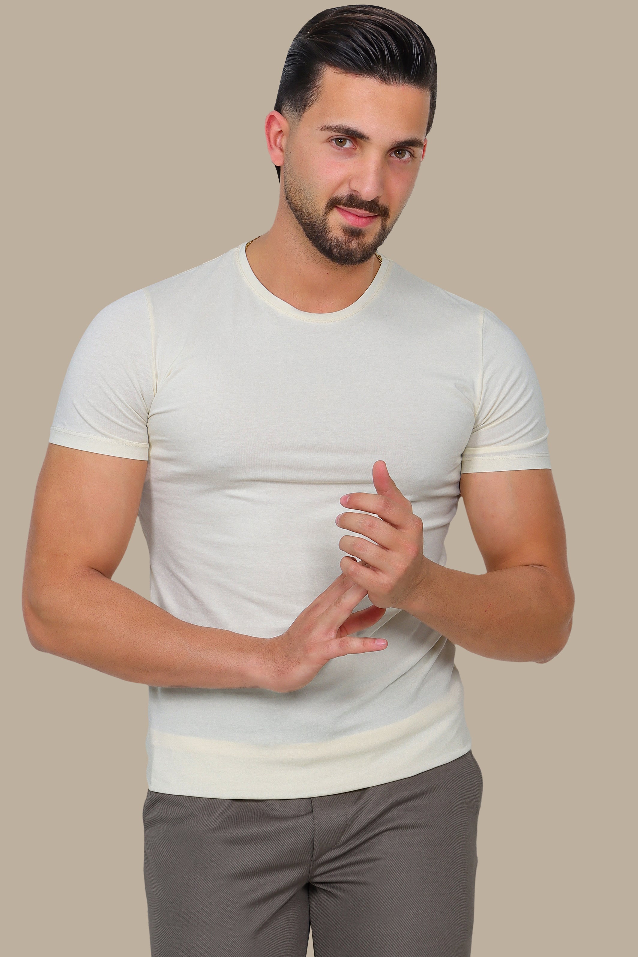 Light Beige Basic Round Neck T-Shirt