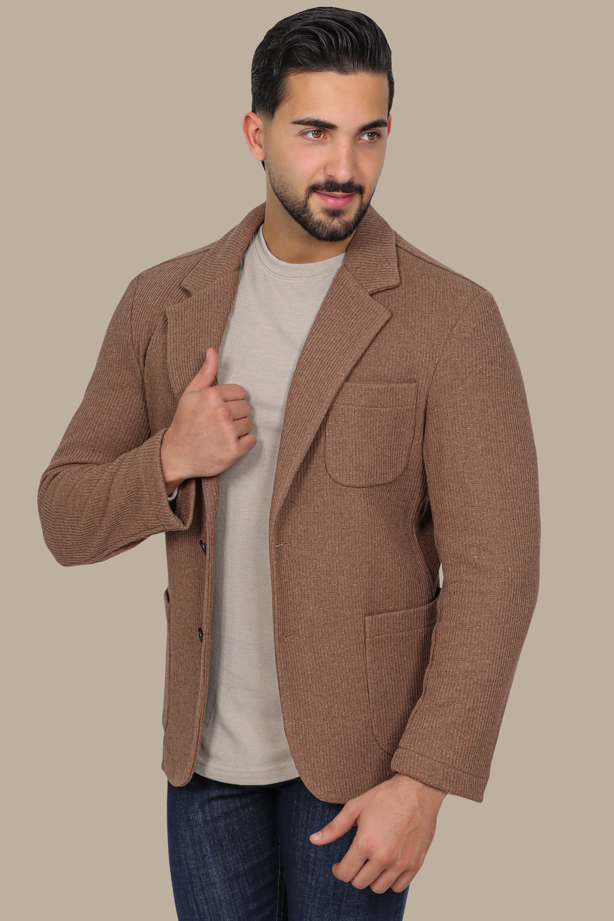 Brown Cotton Mercerized Blazer with Notch Lapel