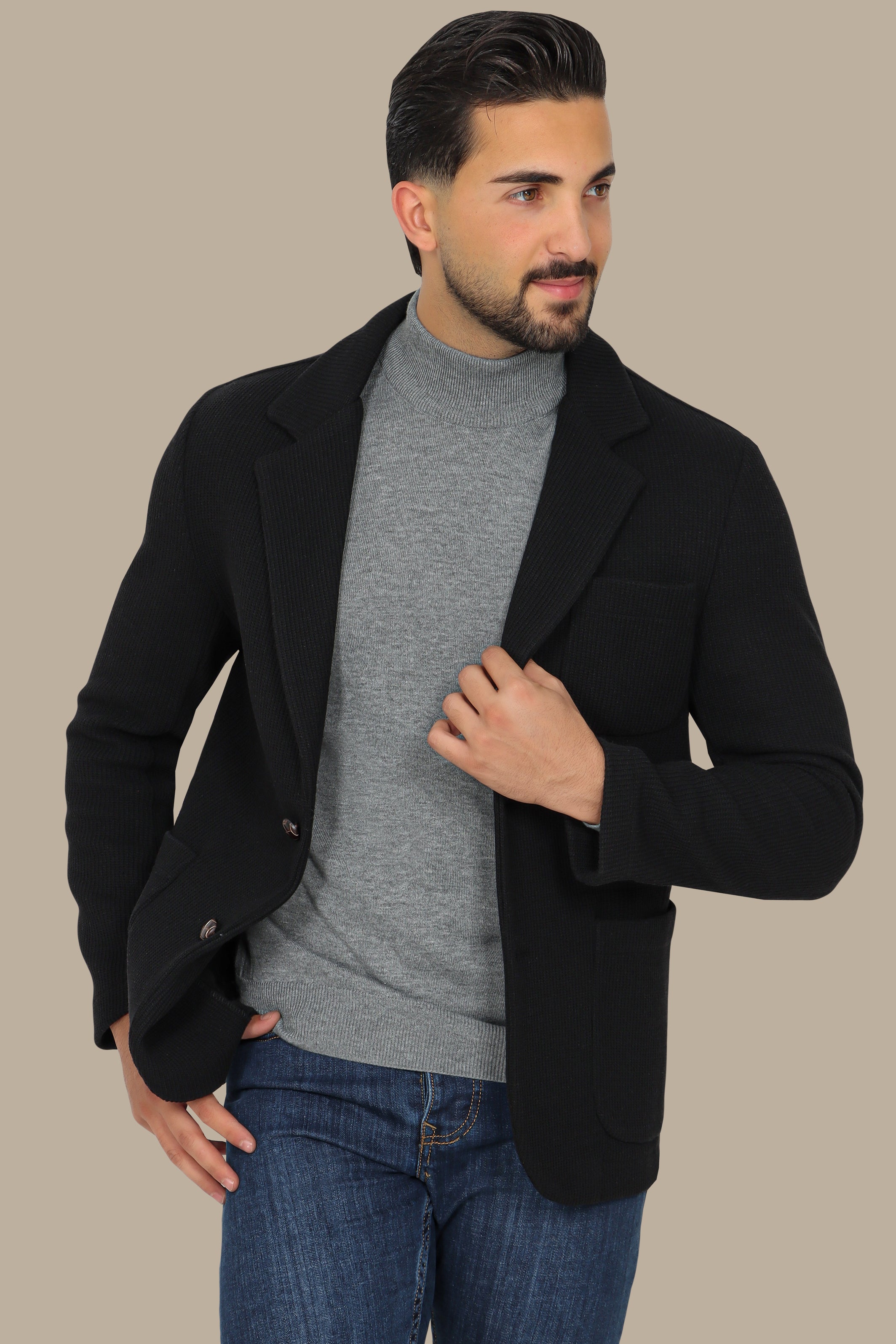 Black Cotton Mercerized Blazer with Notch Lapel