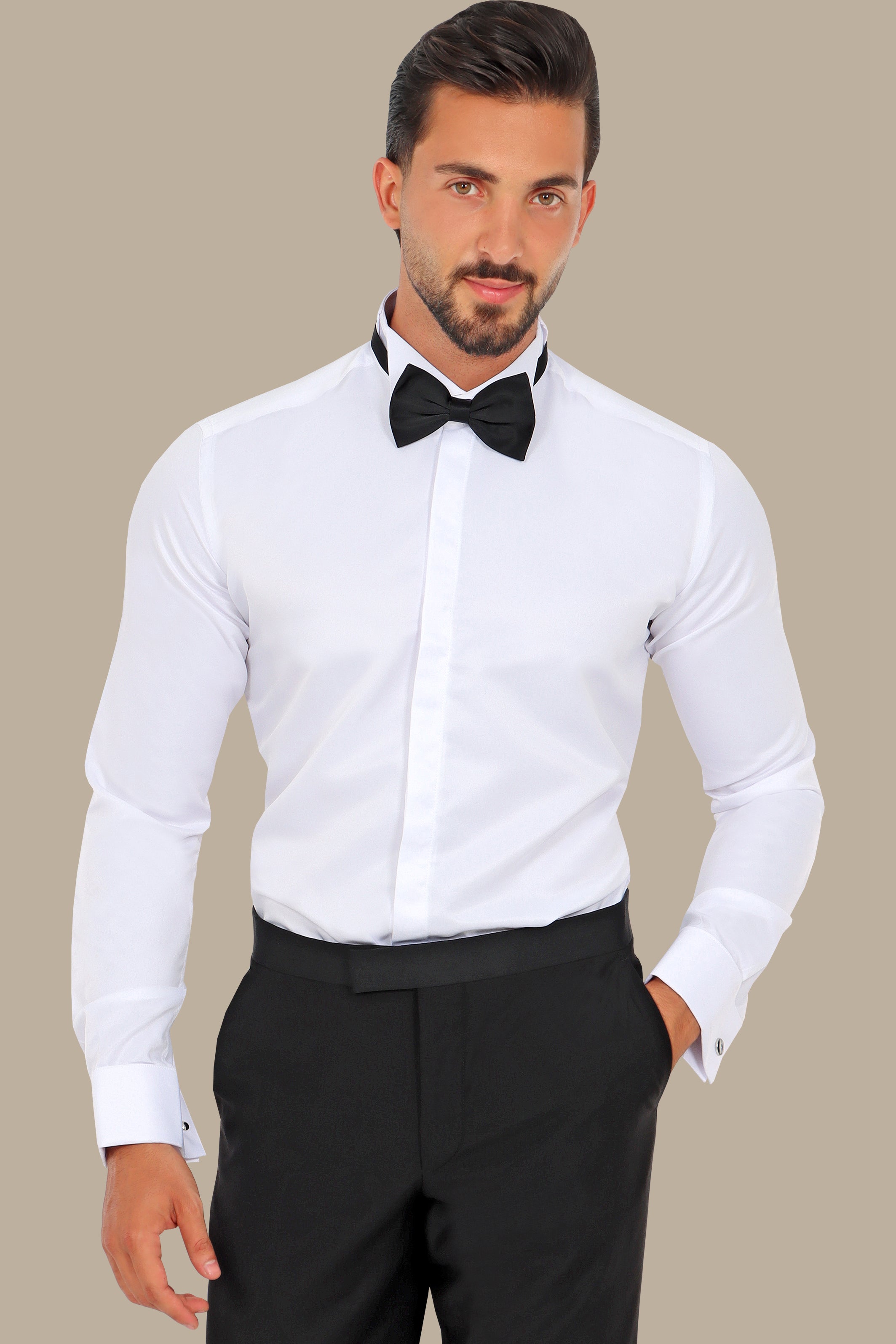 Elegant Whispers: White Tuxedo Shirt with Hidden Buttons