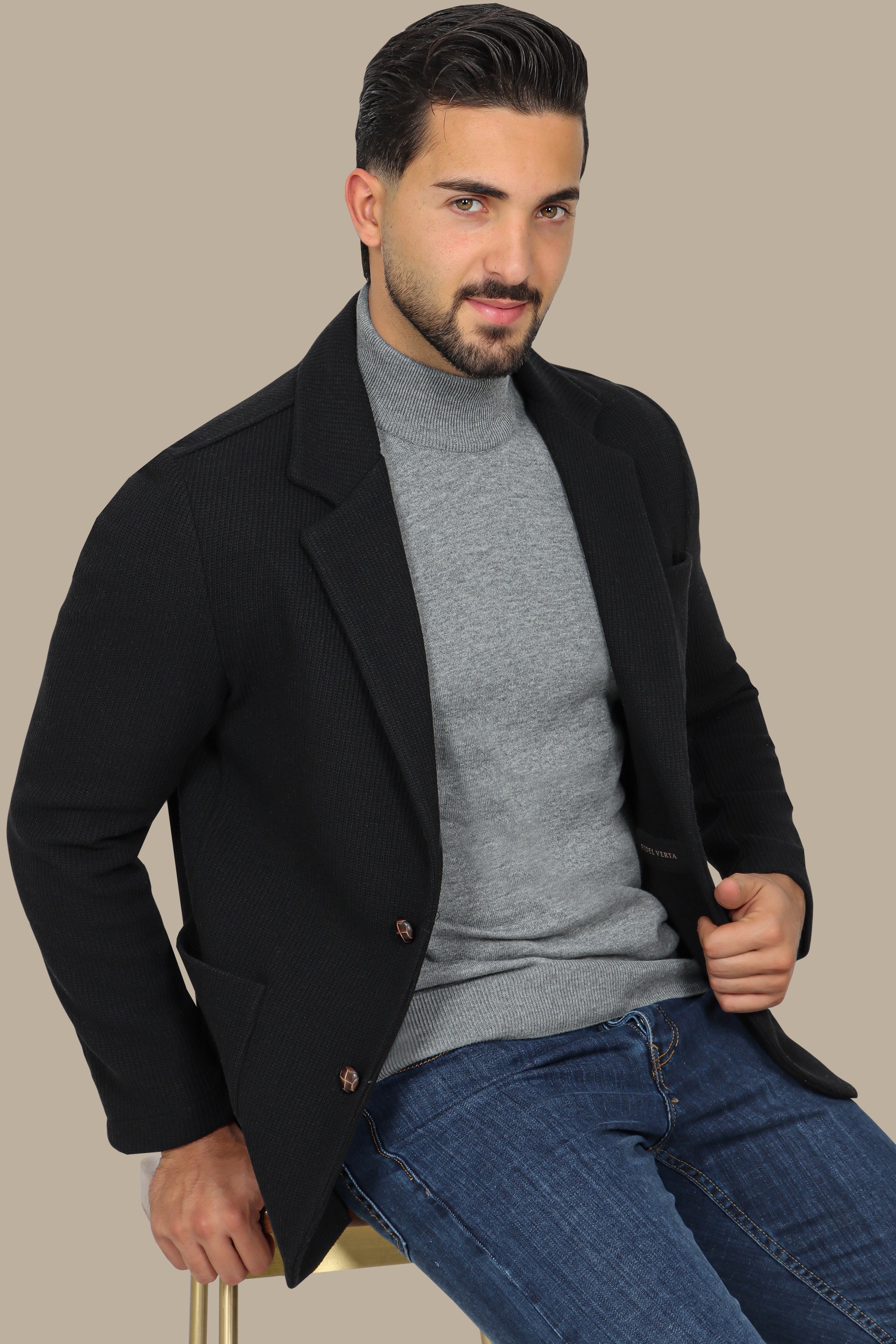 Black Cotton Mercerized Blazer with Notch Lapel