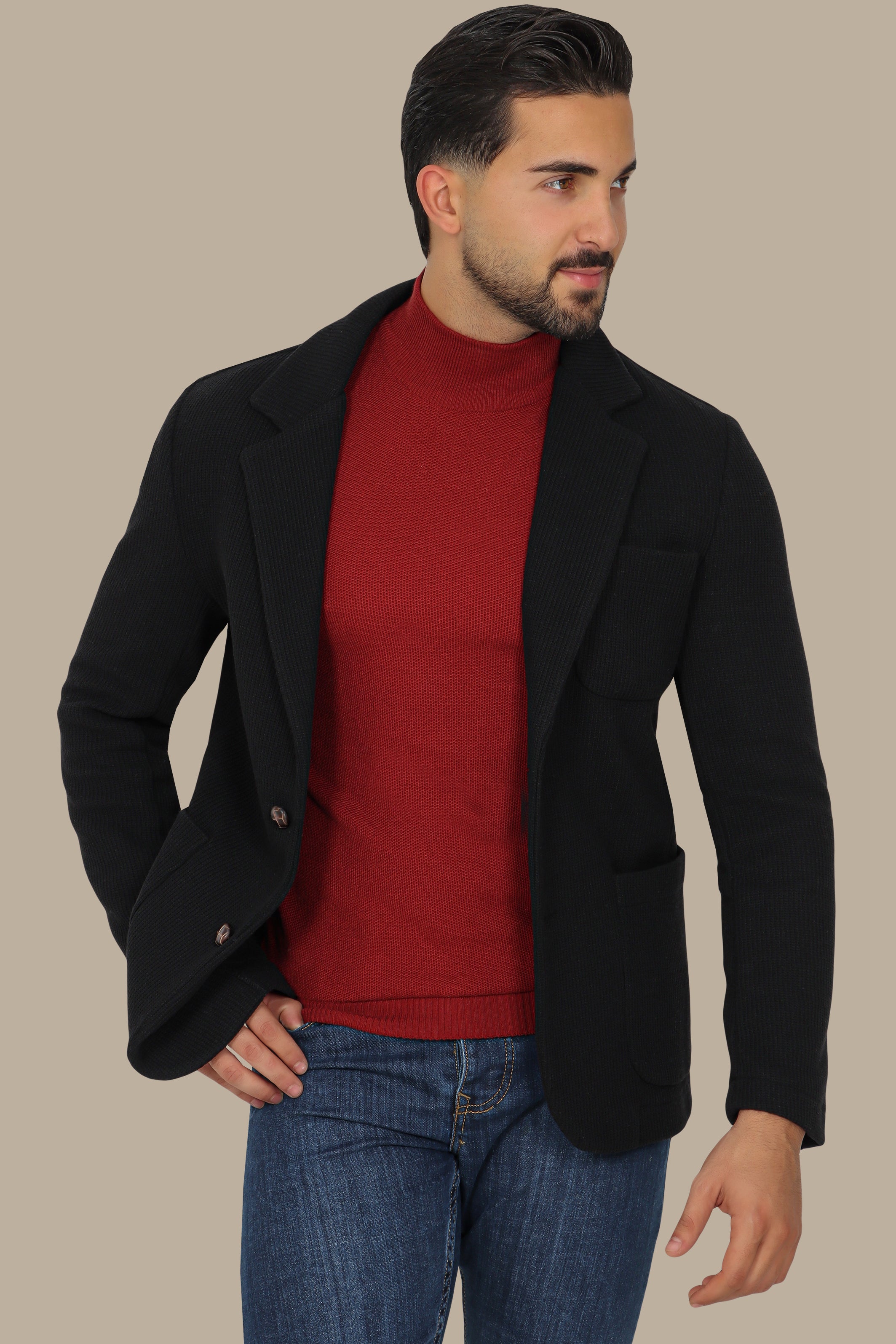 Black Cotton Mercerized Blazer with Notch Lapel