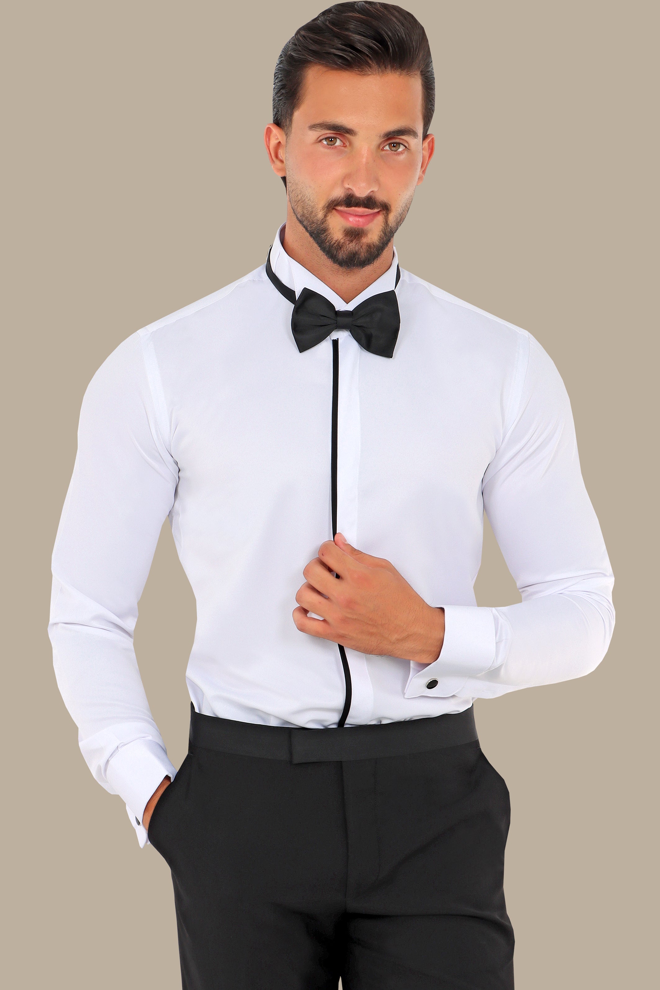 White Tuxedo Shirt with Black Trim Hidden Buttons