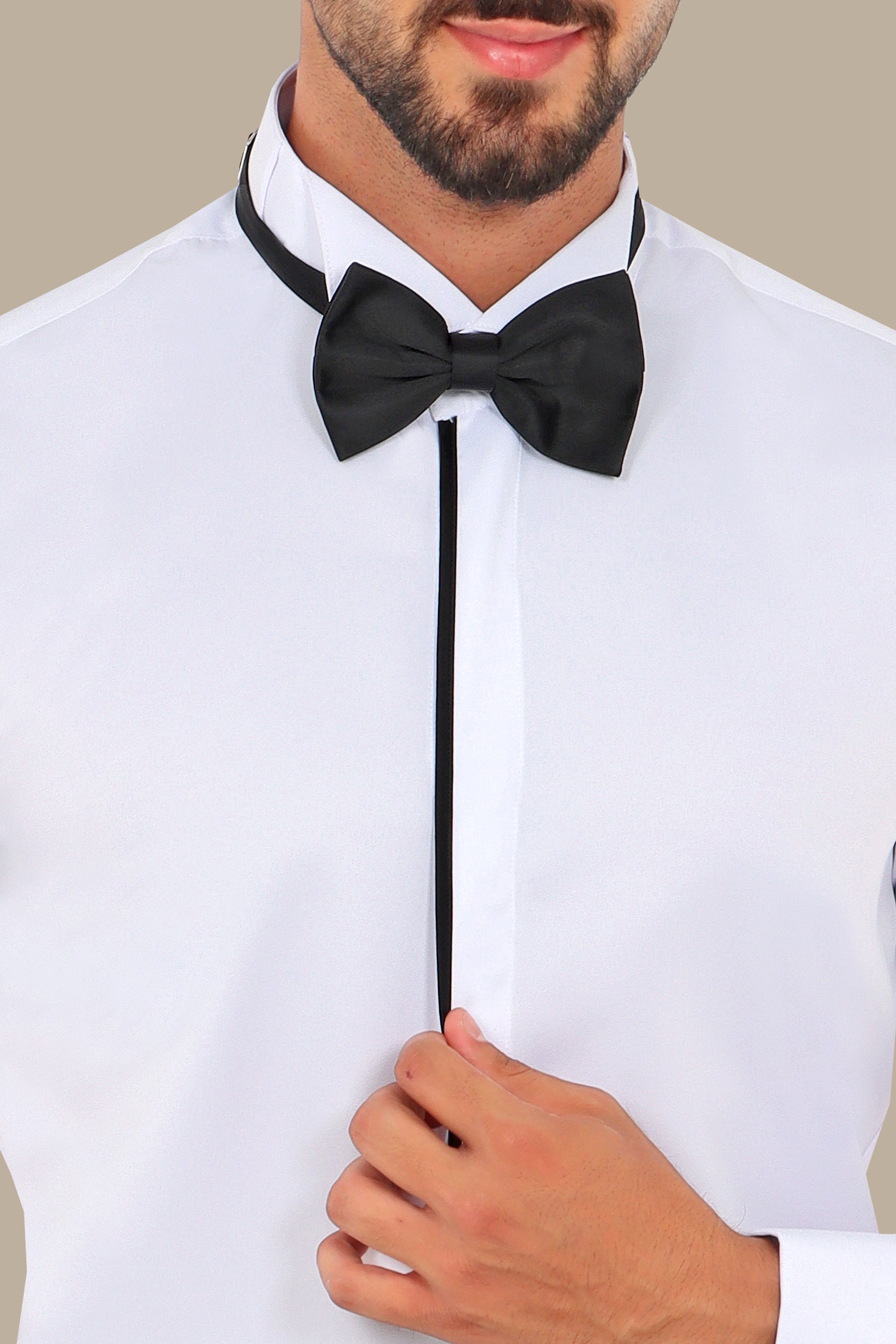 White Tuxedo Shirt with Black Trim Hidden Buttons