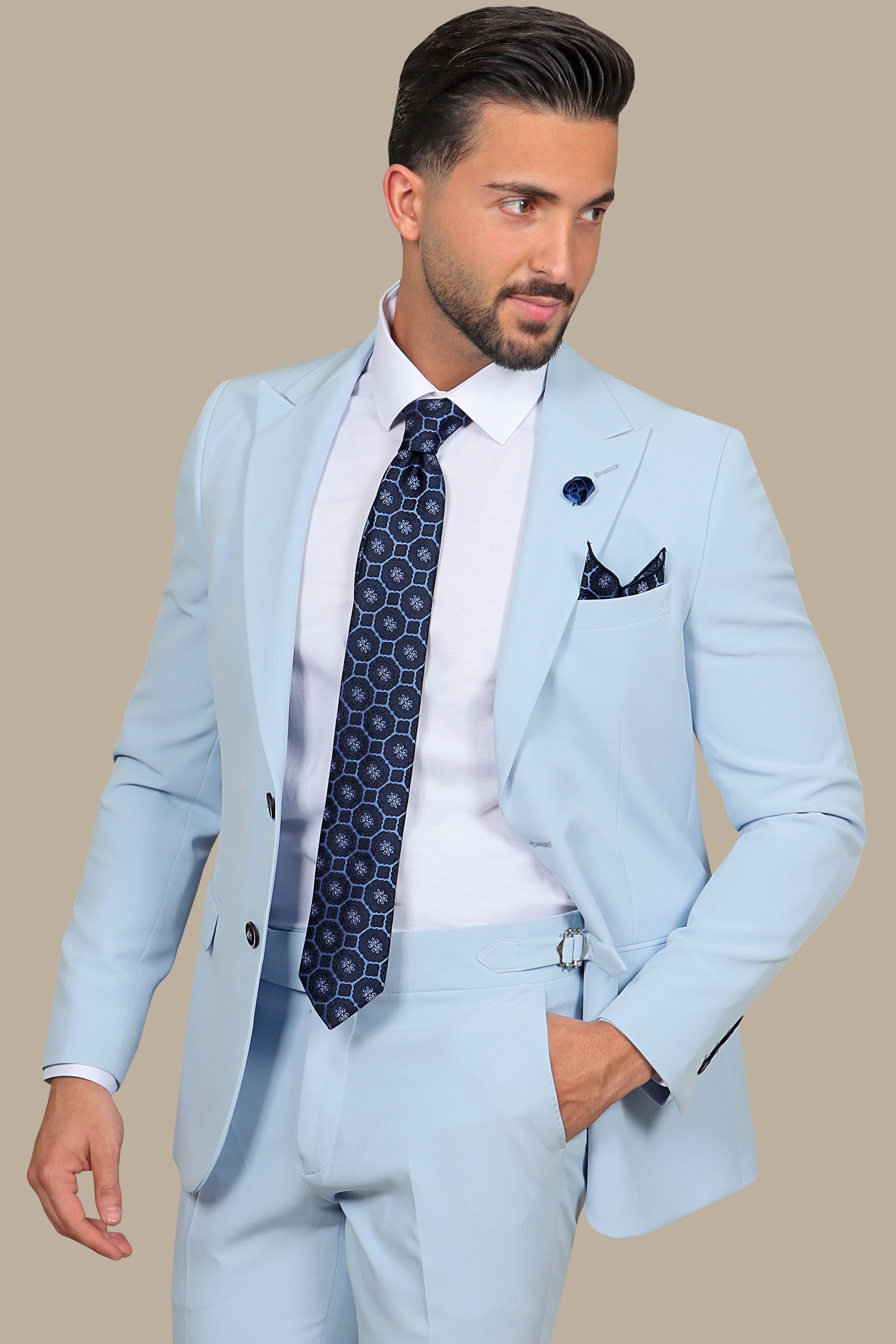 Skyline Chic: Light Blue Peak Lapel Suit with Side Belt Pants