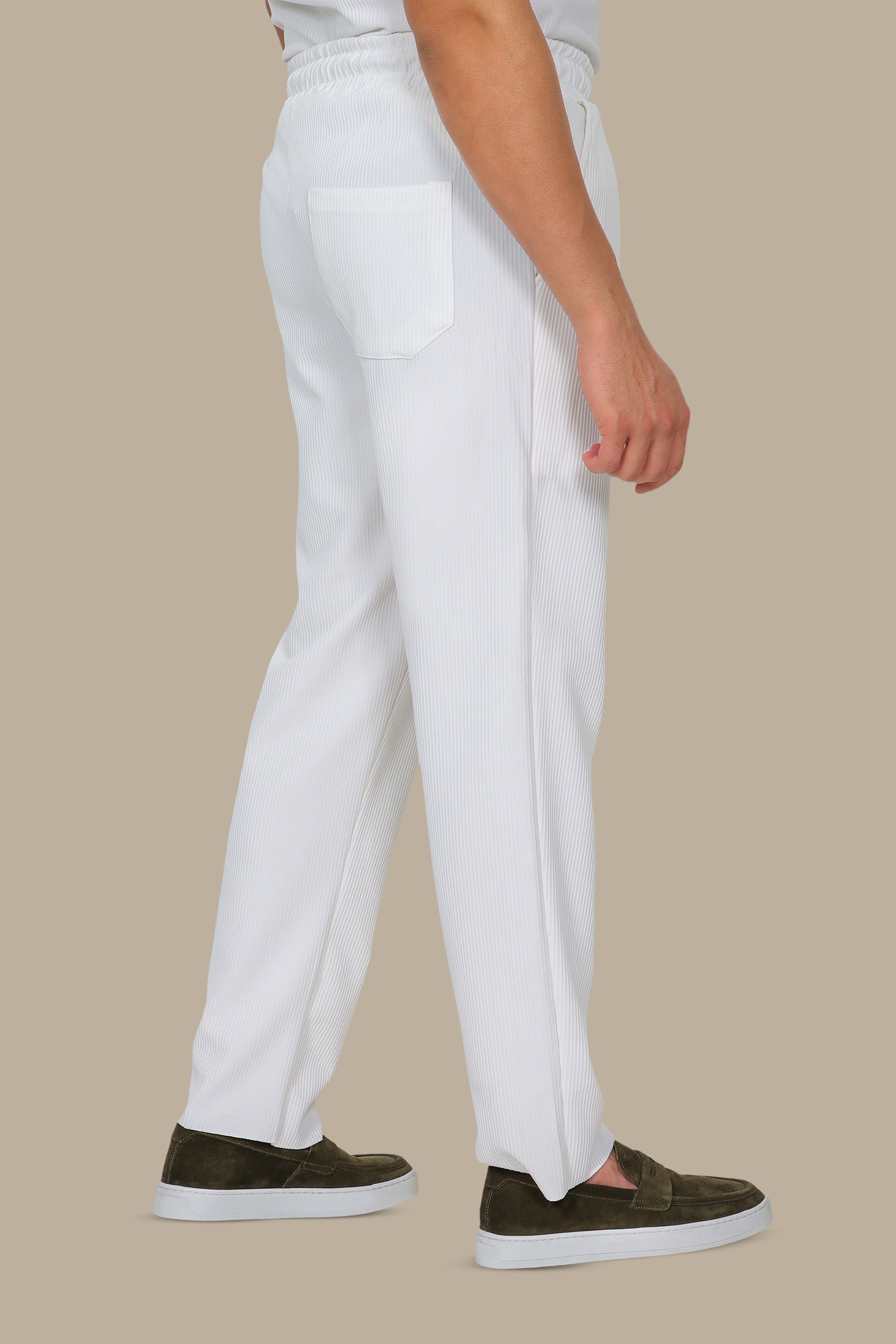 White Ribbed Regular Fit Trousers