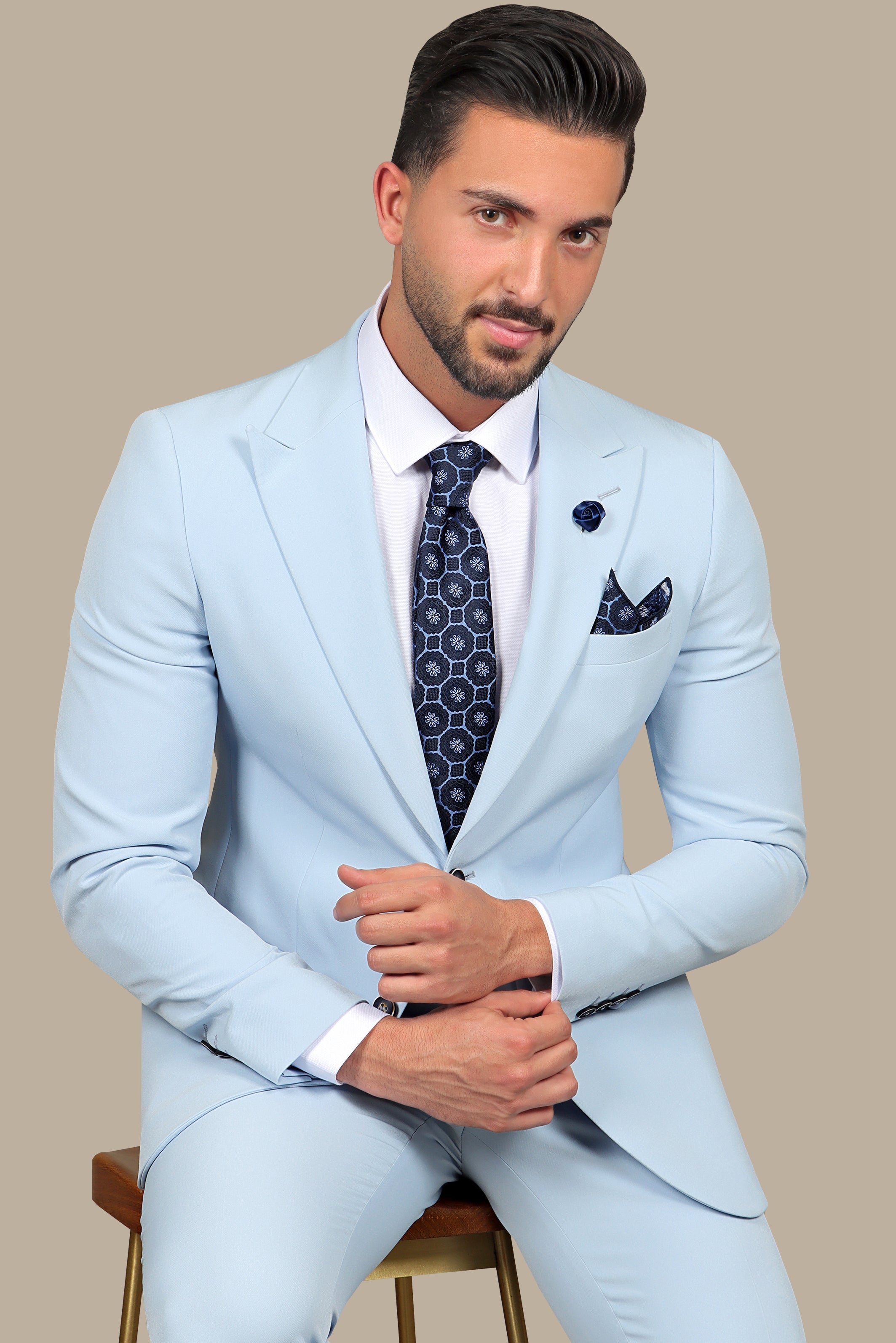 Skyline Chic: Light Blue Peak Lapel Suit with Side Belt Pants