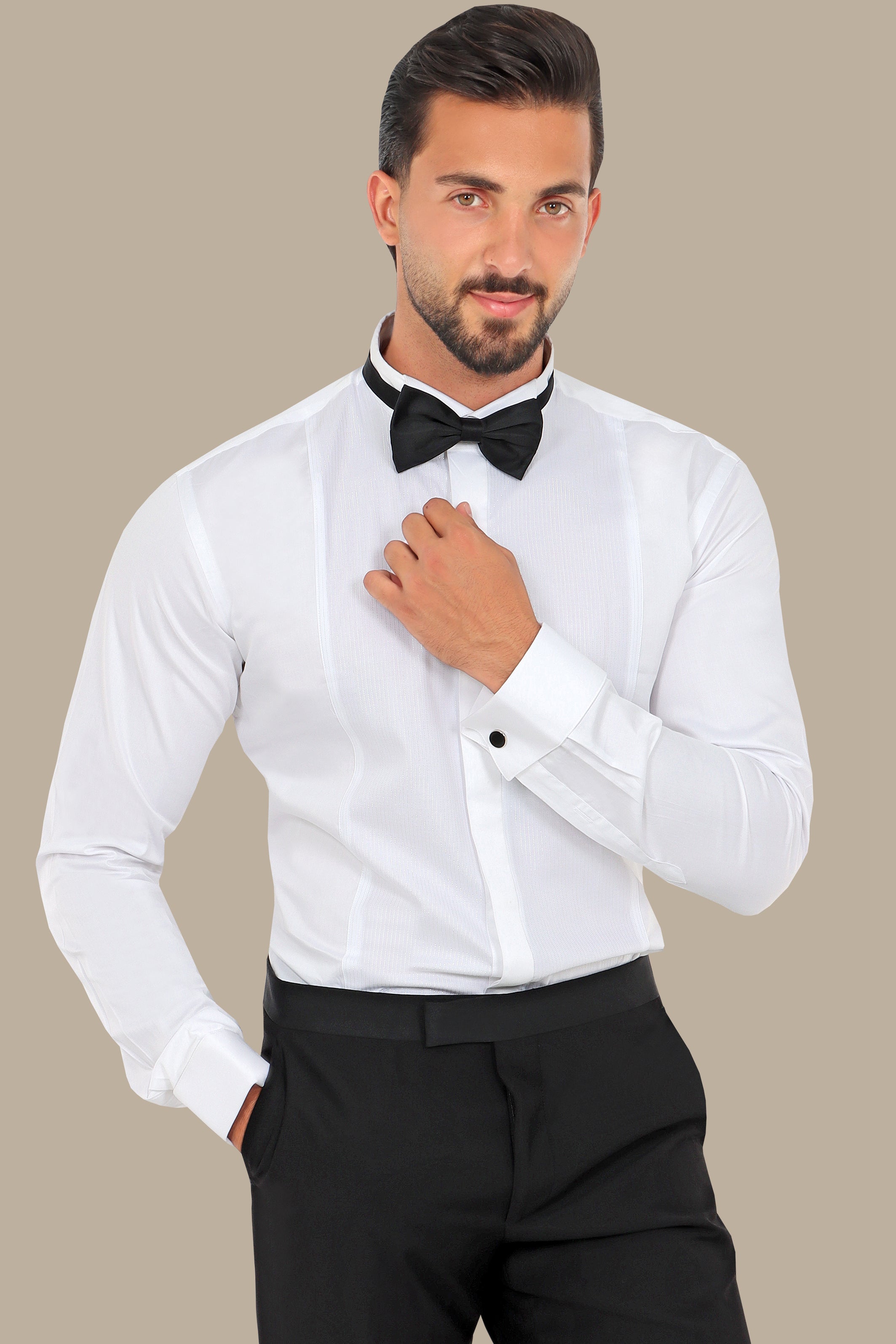 White Tuxedo Shirt with Silver Stripes