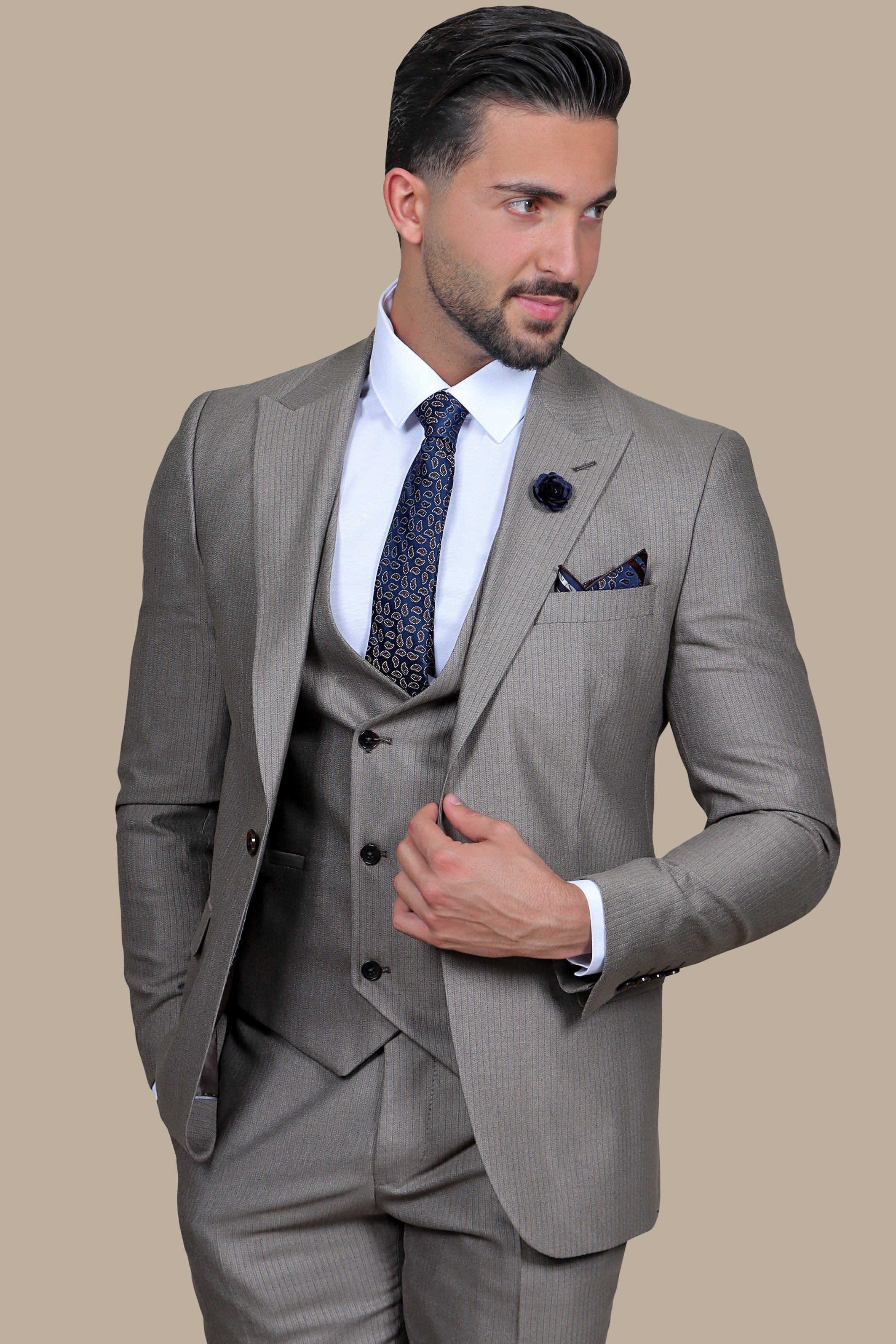 Light Brown Herringbone Slim Fit 3-Piece Suit