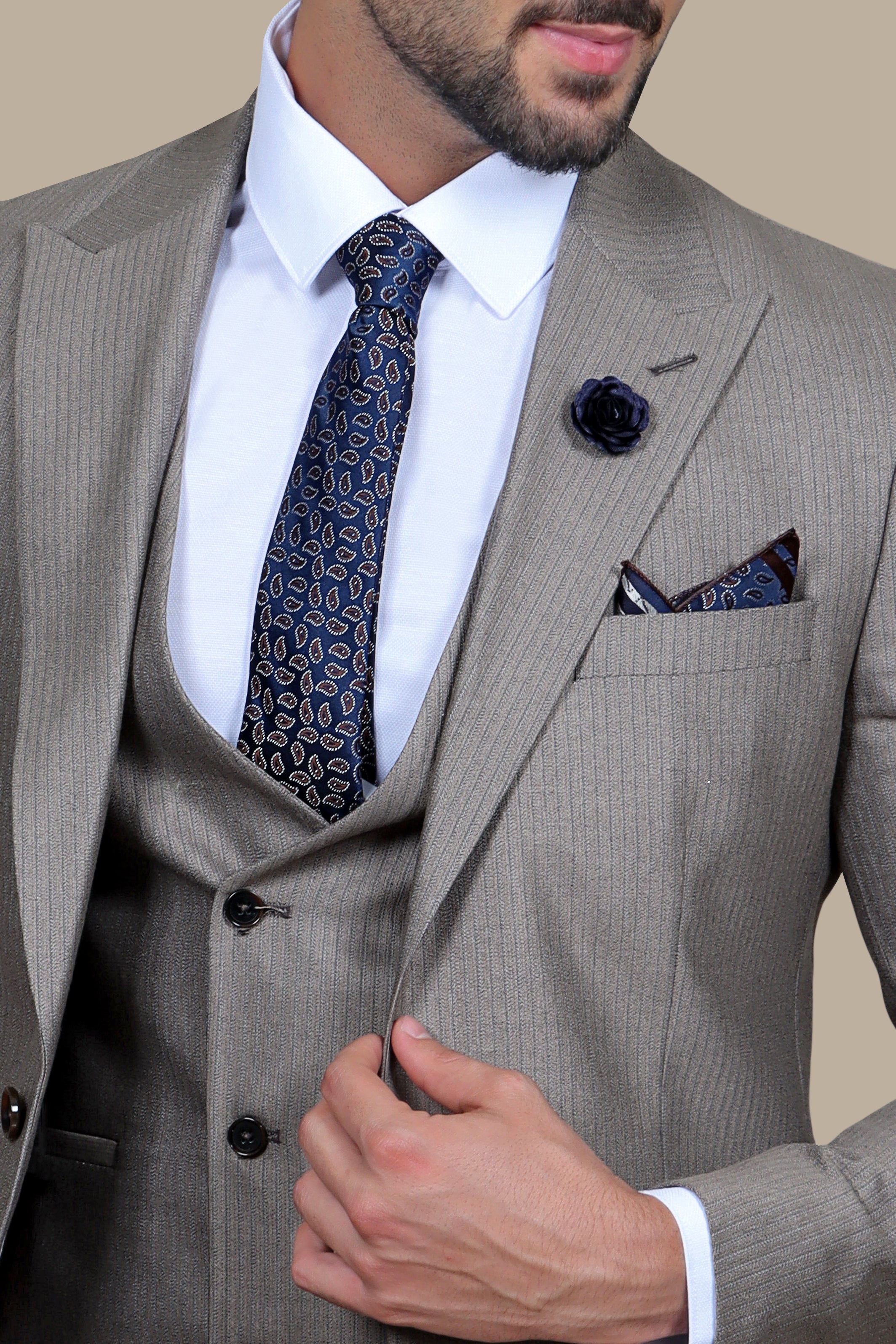 Light Brown Herringbone Slim Fit 3-Piece Suit