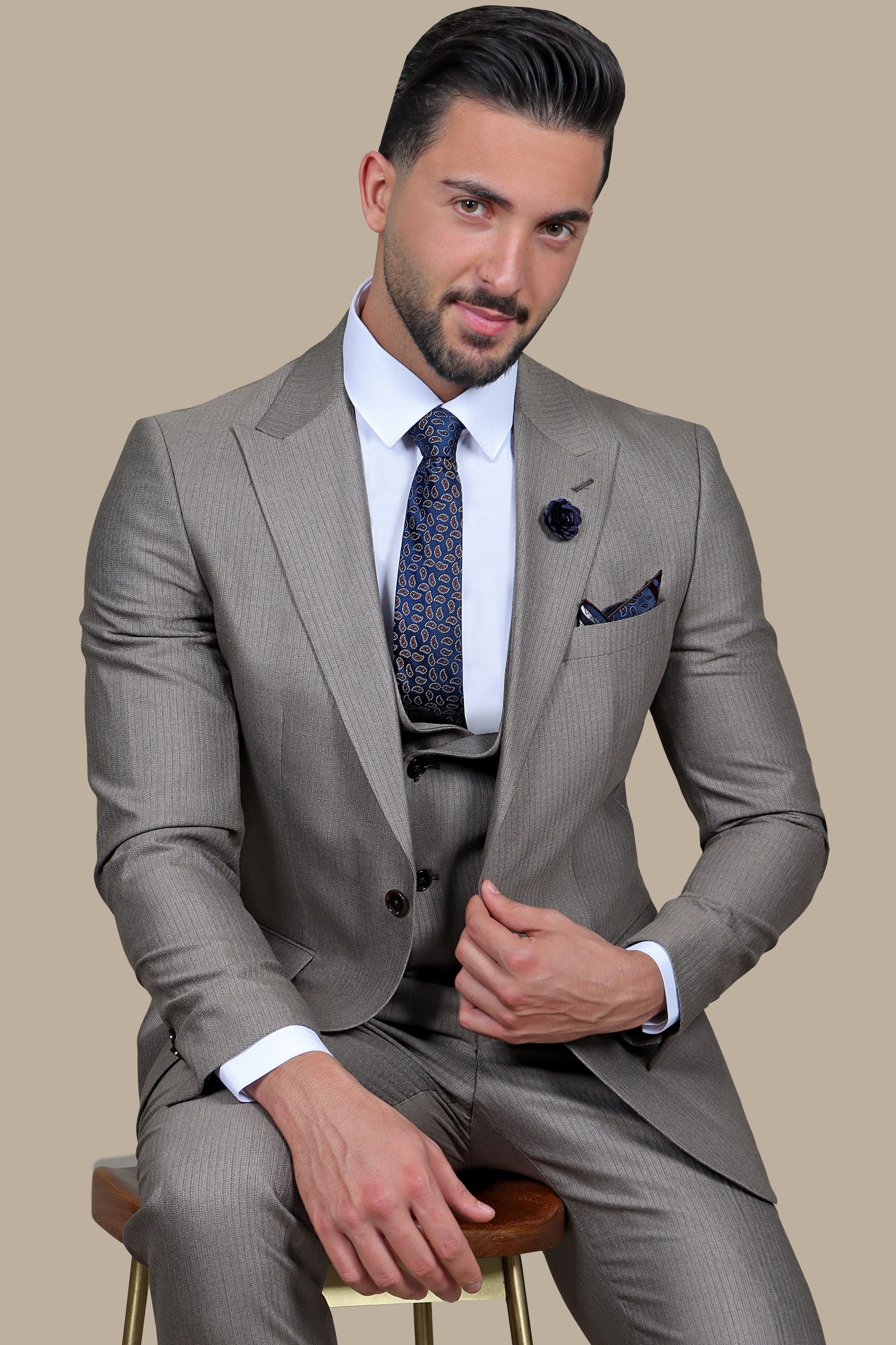 Light Brown Herringbone Slim Fit 3-Piece Suit