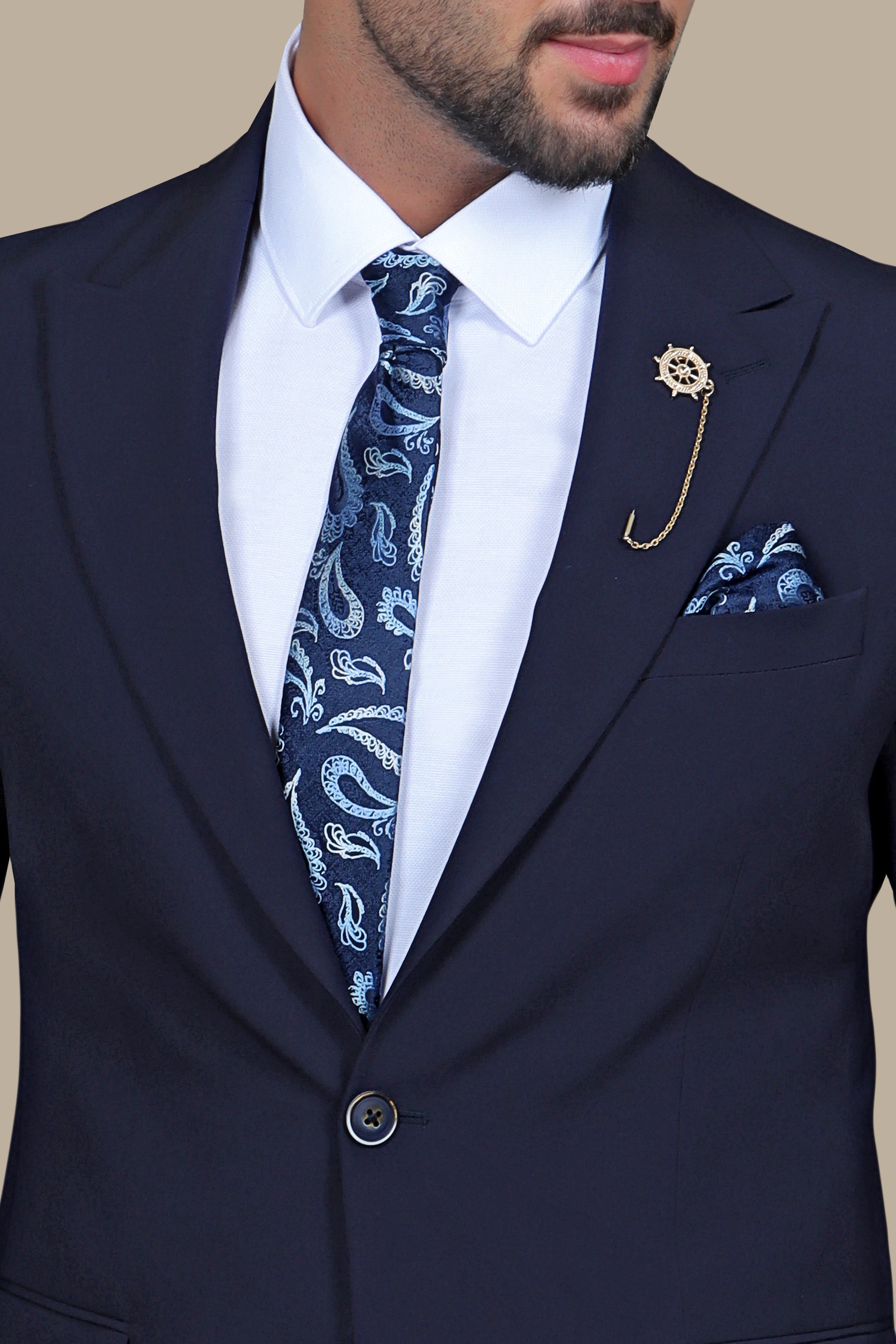 Navy Peak Lapel Suit with Side Belt Pants