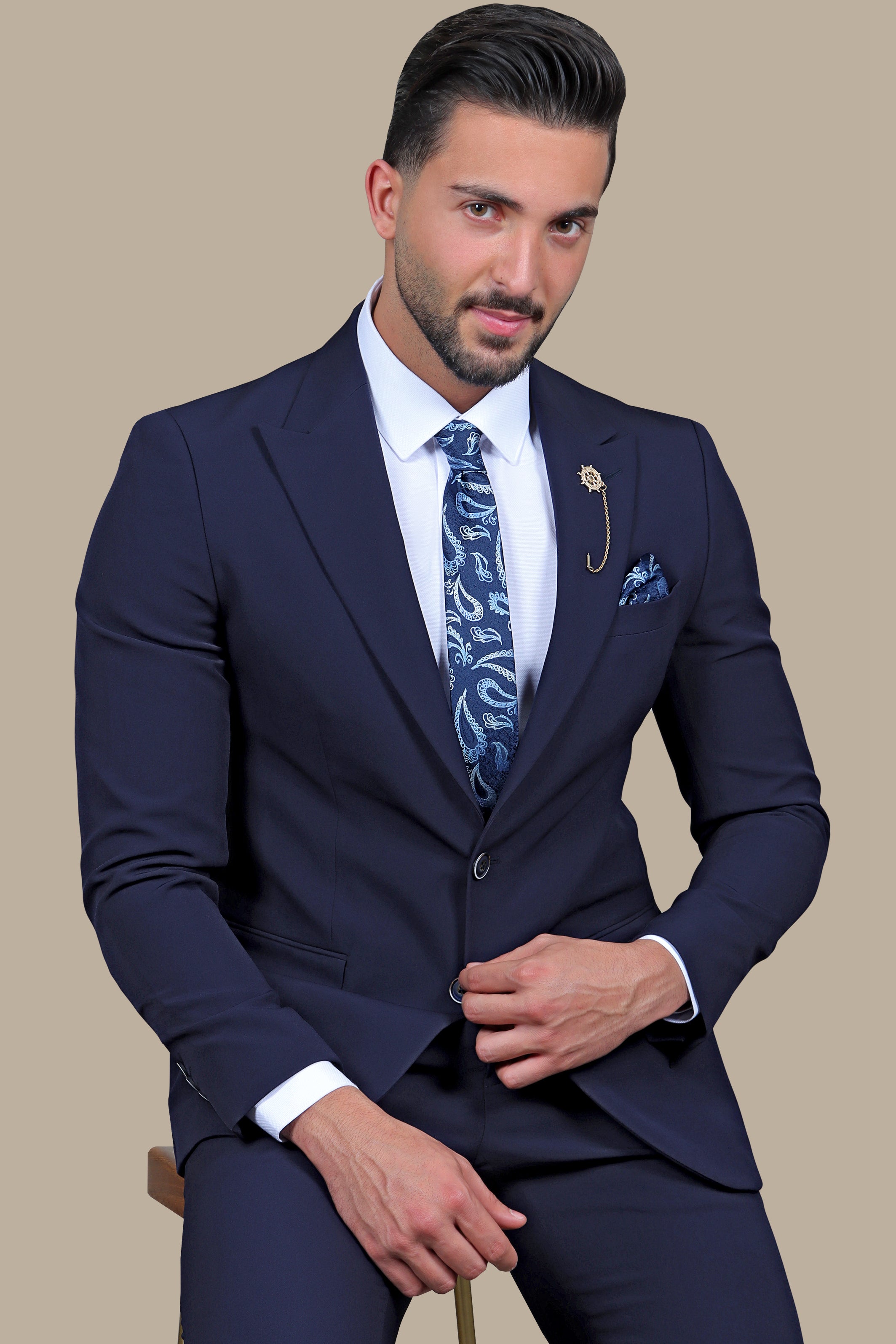 Navy Peak Lapel Suit with Side Belt Pants