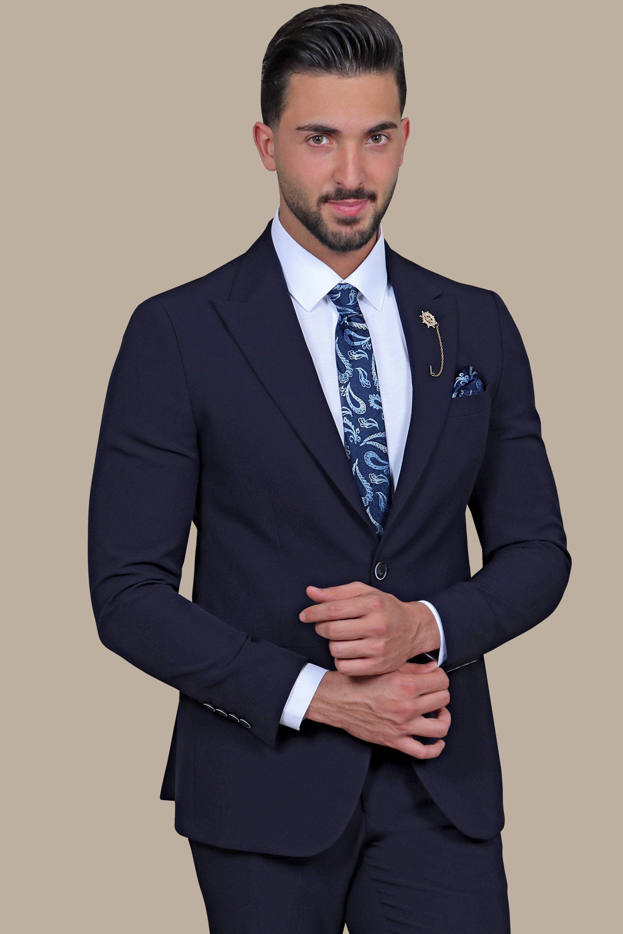 Navy Peak Lapel Suit with Side Belt Pants