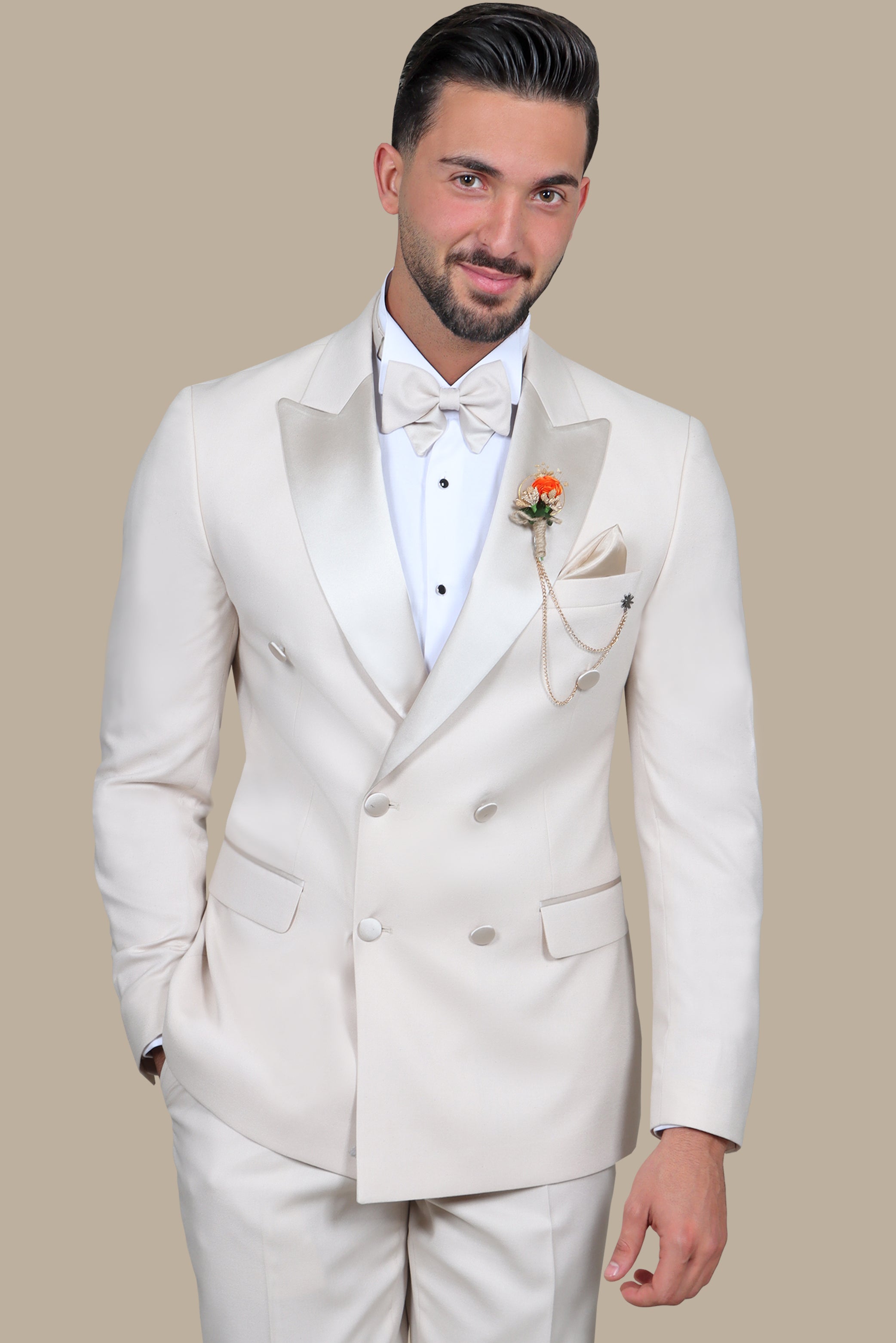 Beige Double Breasted Peak Lapel Tuxedo