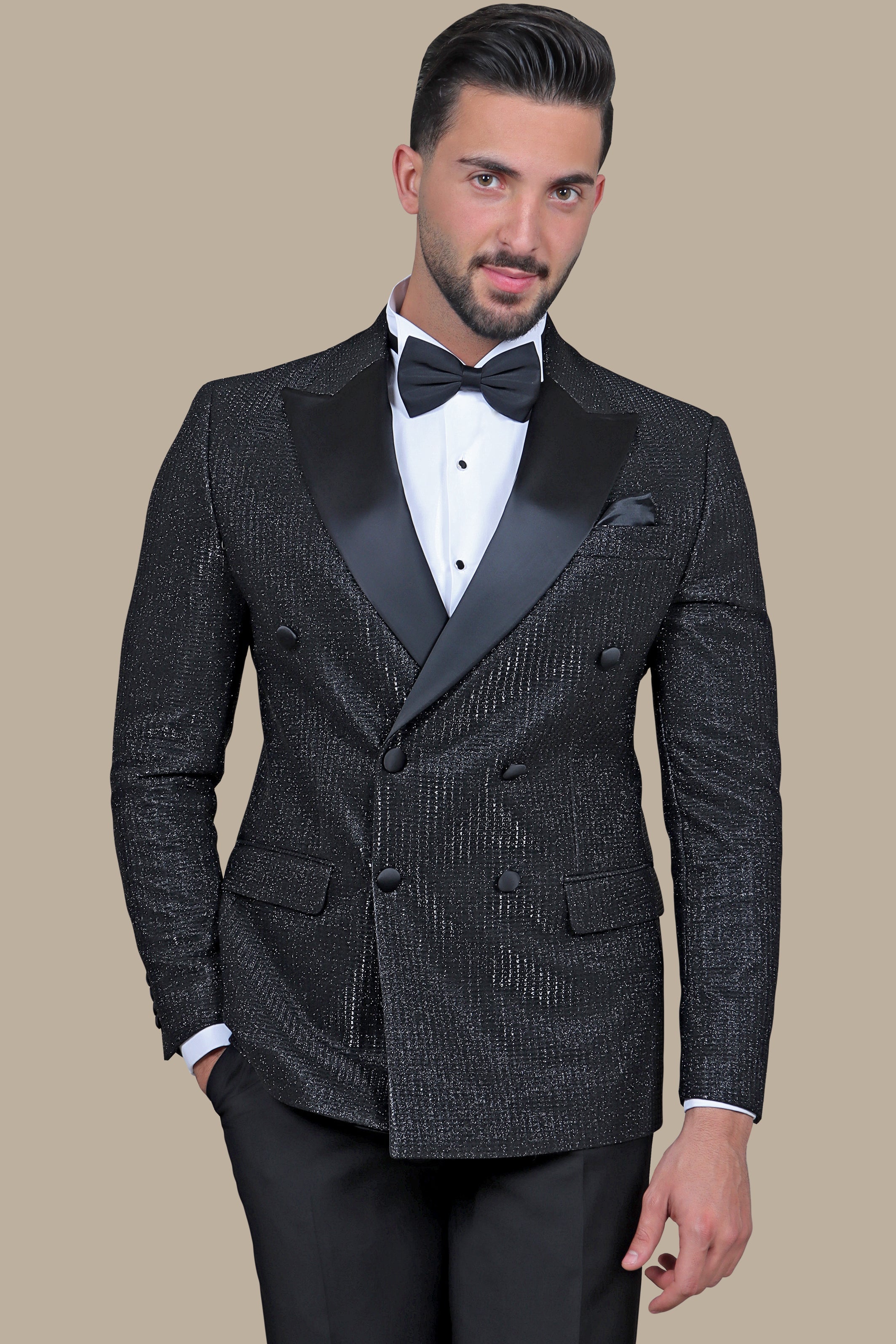 Black Glittered Tweed Double Breasted Peak Tuxedo