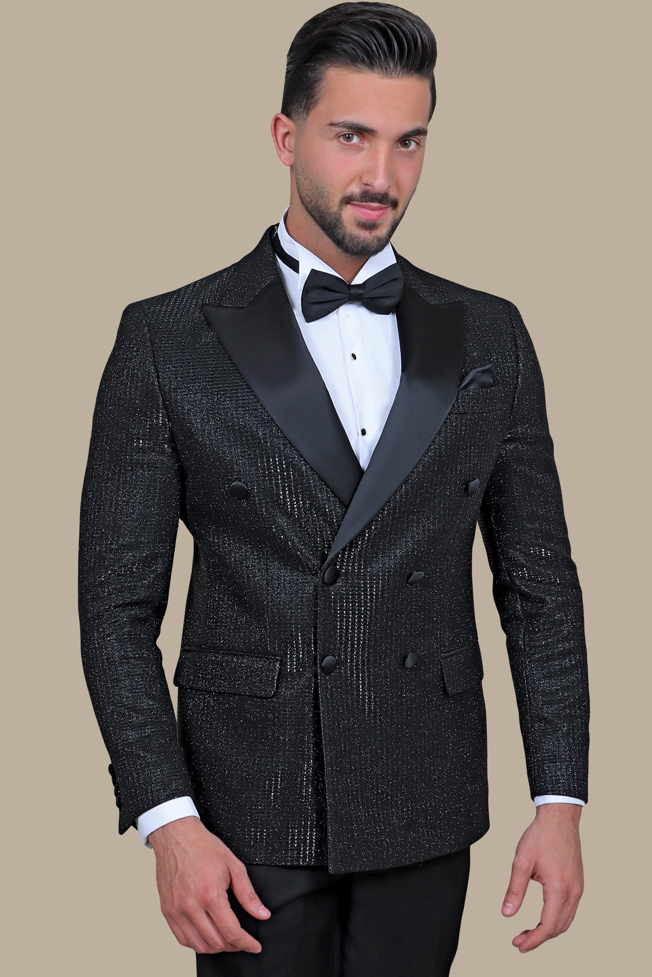 Black Glittered Tweed Double Breasted Peak Tuxedo