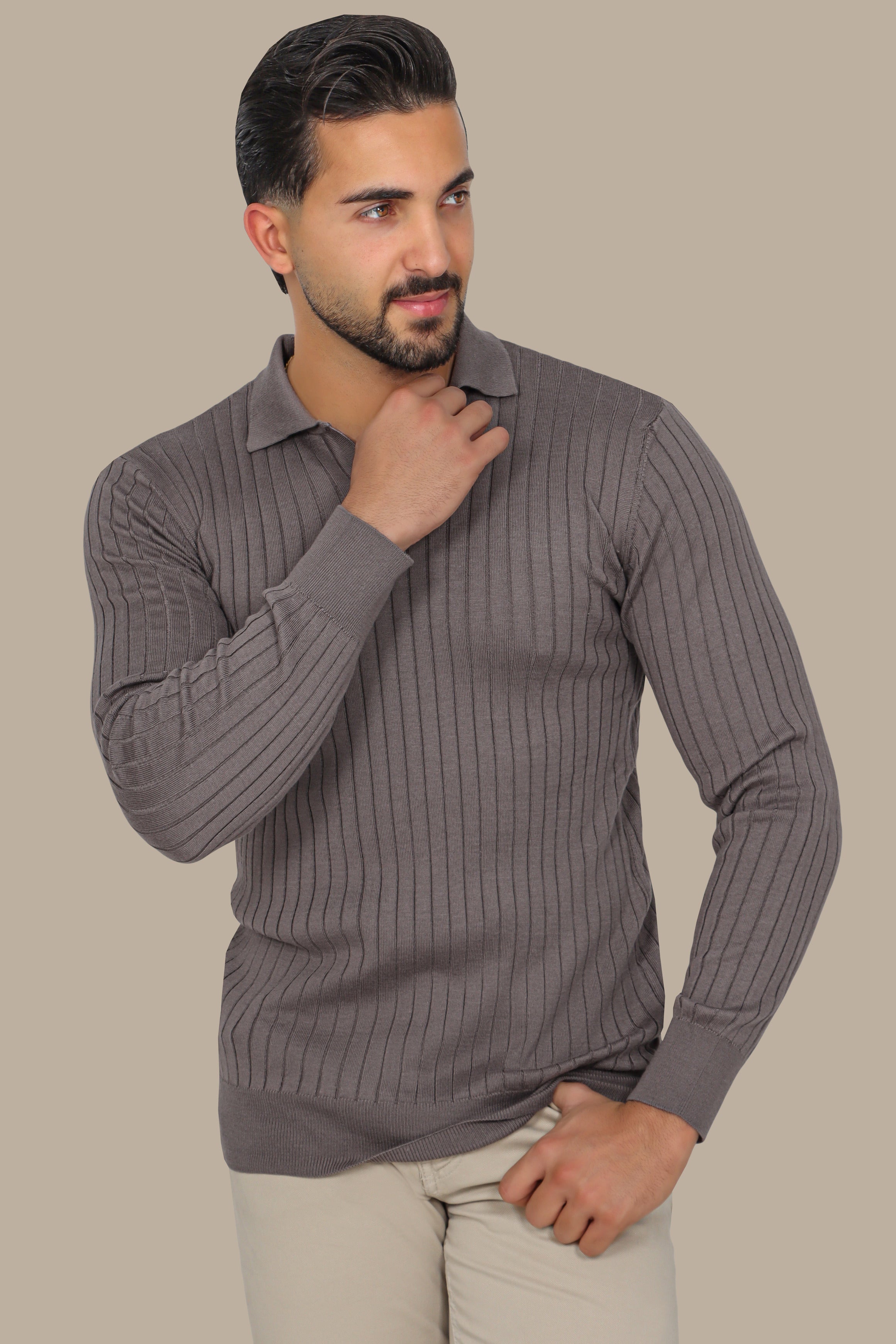 Beige Basic Polo with Vertical Lines