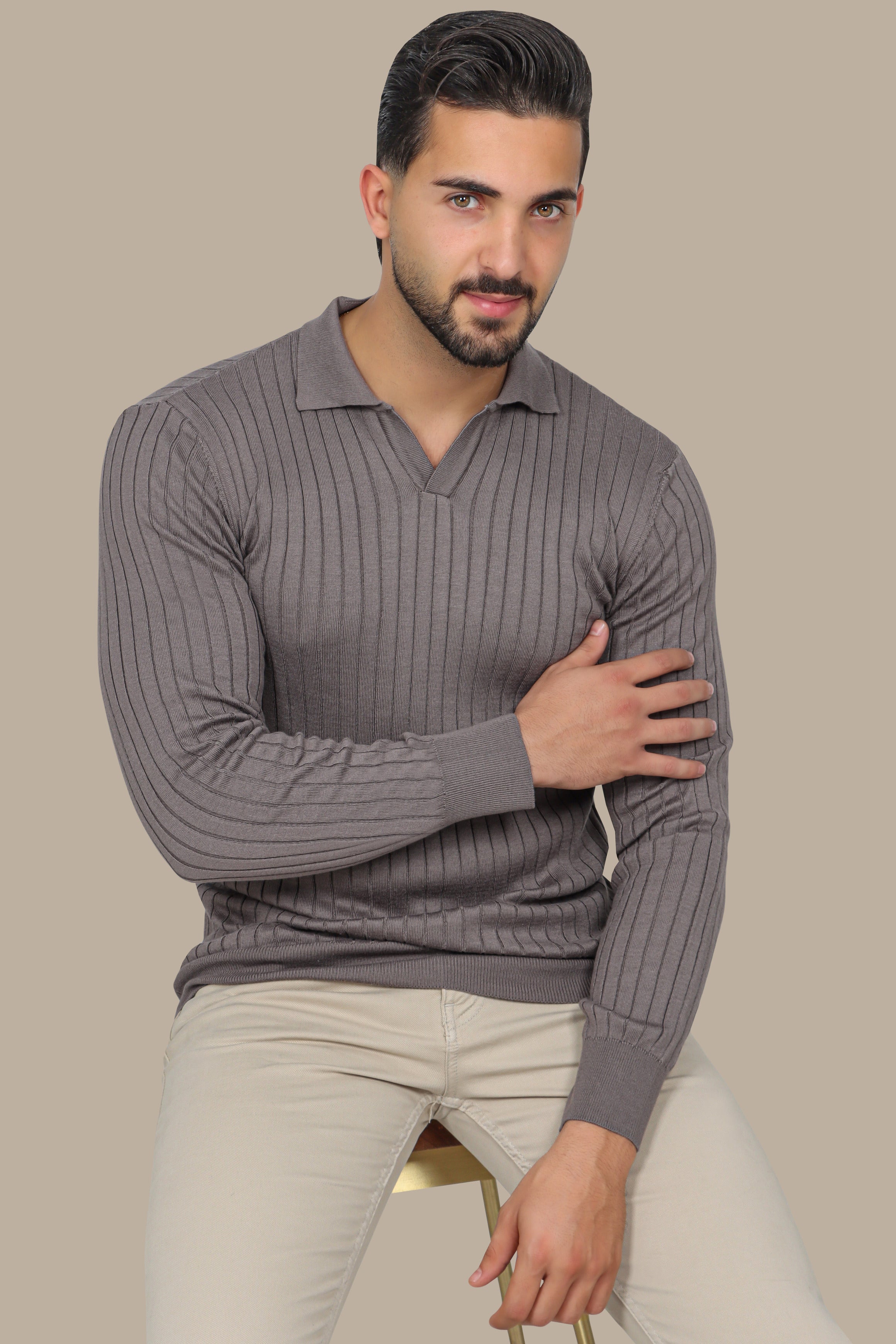 Beige Basic Polo with Vertical Lines