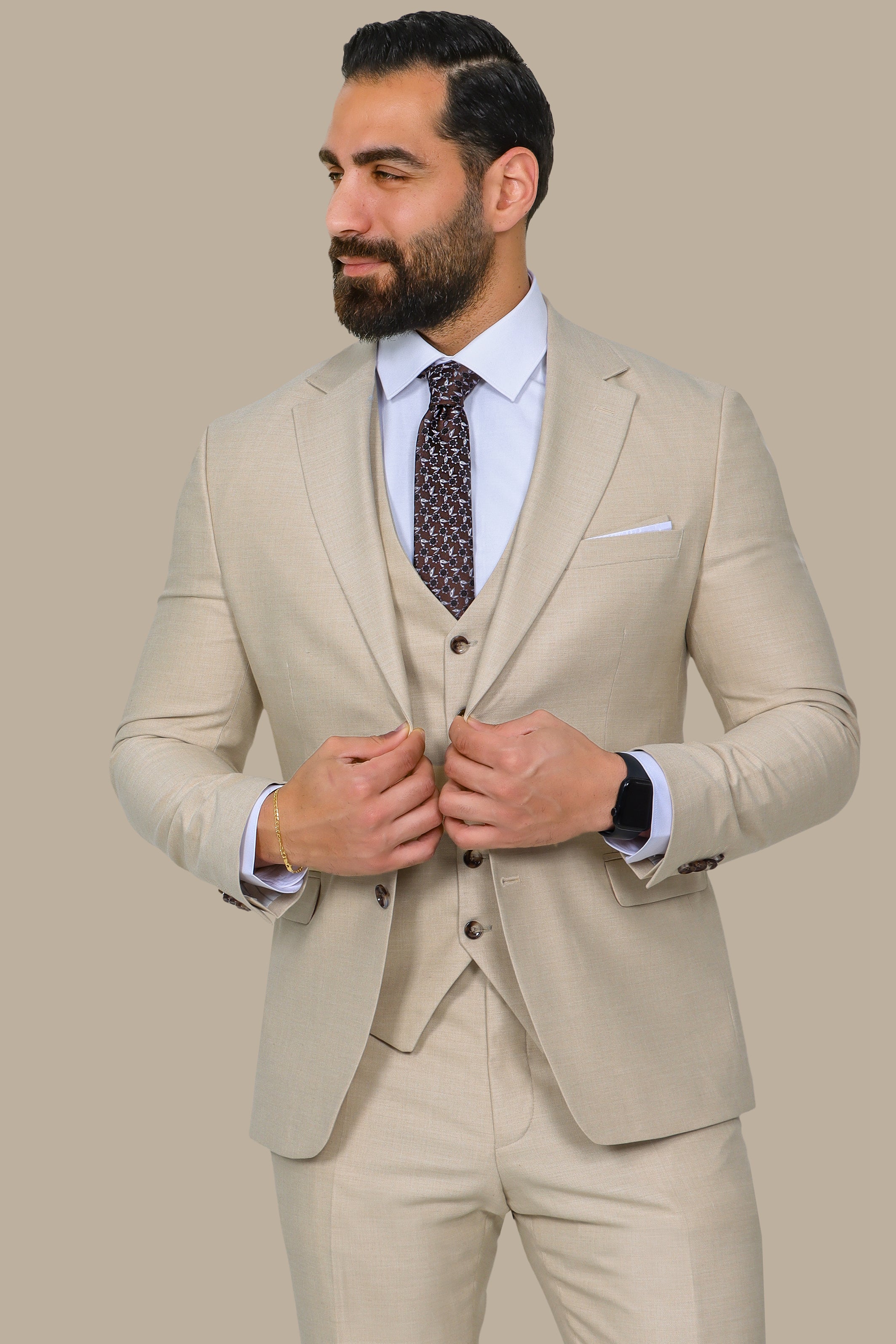 Beige Fila-Fil 3-Piece Suit with Patch Lapel