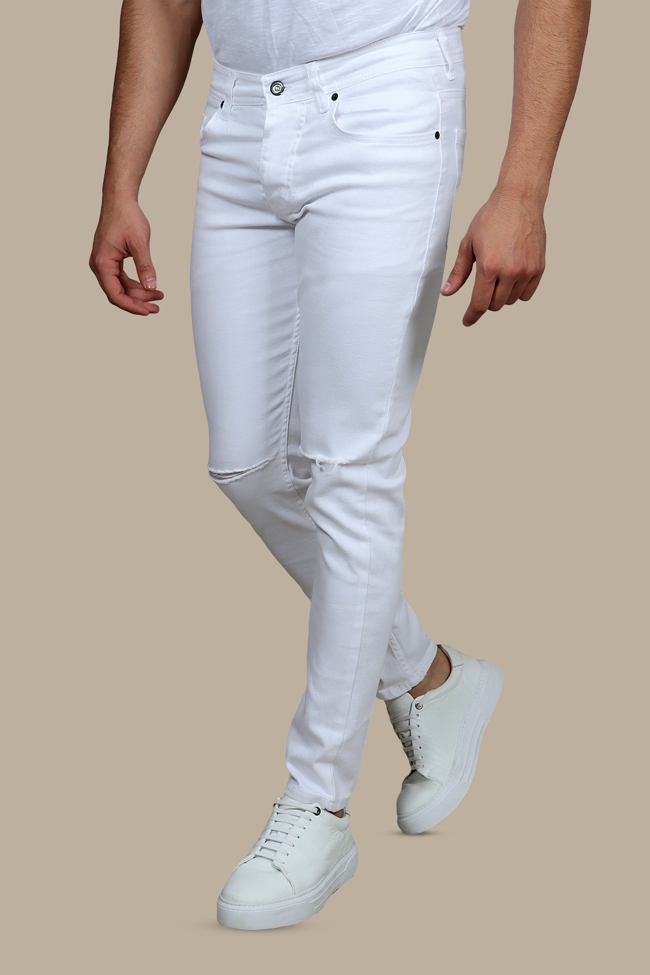 White Slim Fit Jeans with Knee Rips