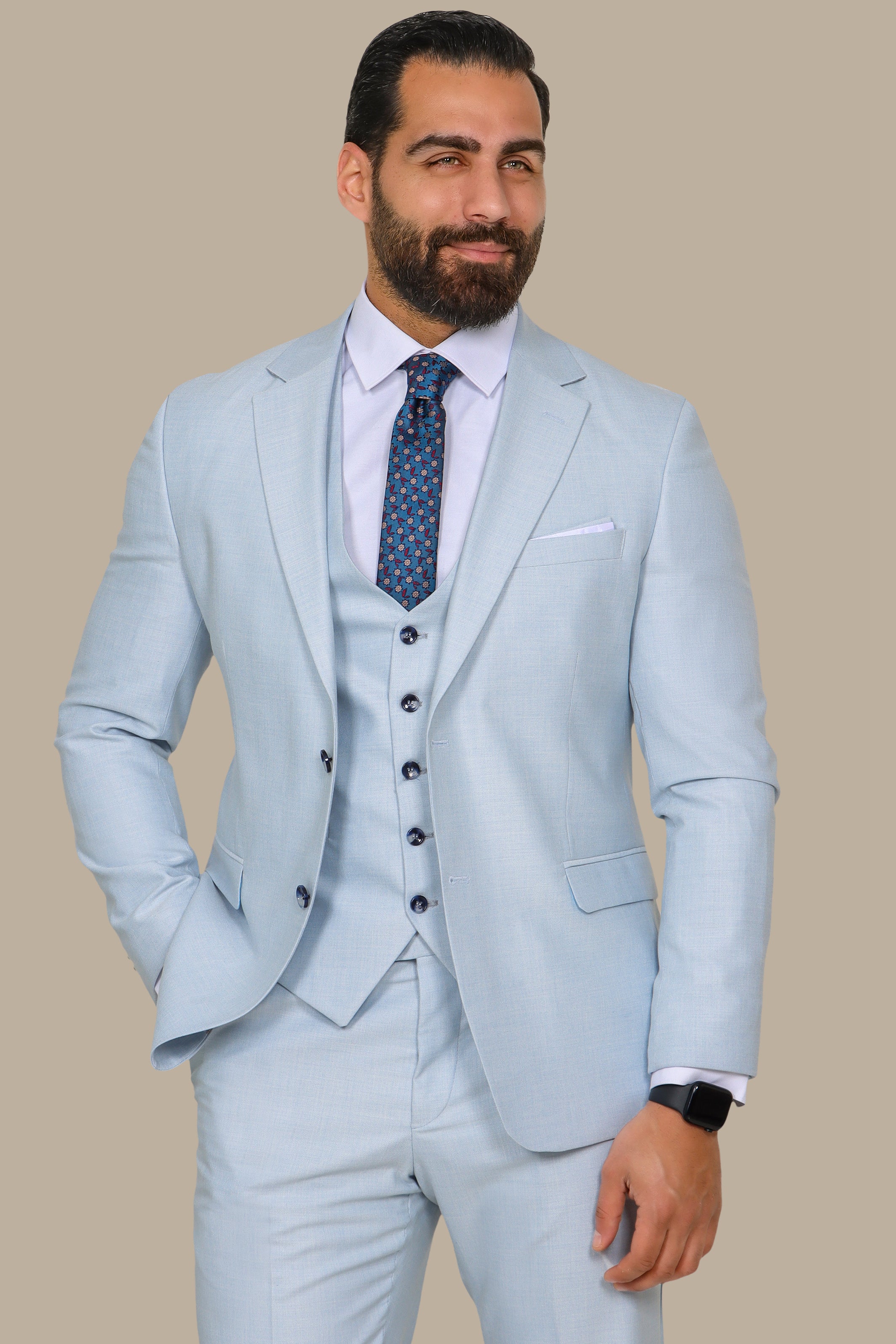 Light Blue 3-Piece Fil à Fil Suit with Patch Lapel