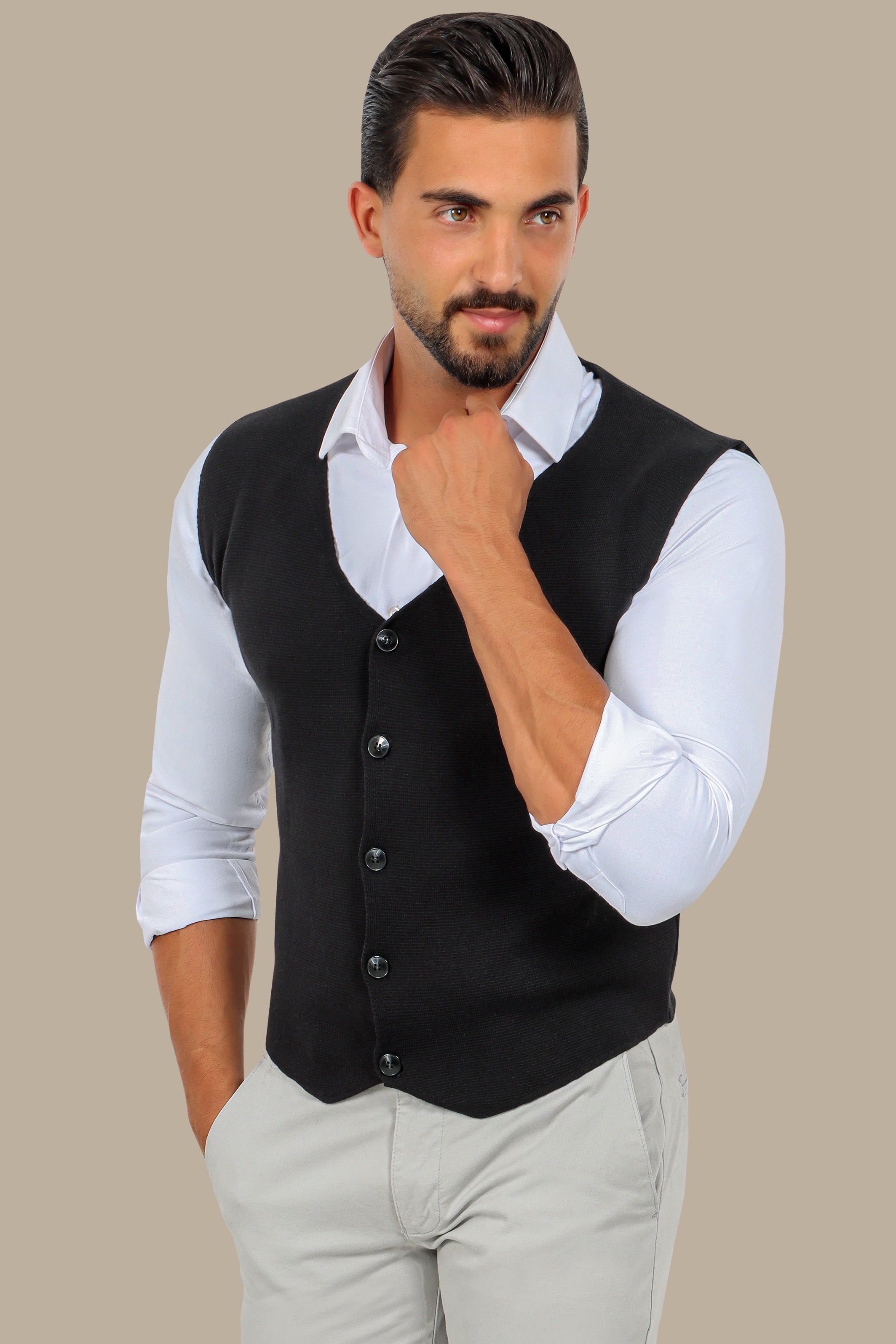 Black Cotton Casual Vest with 5 Buttons