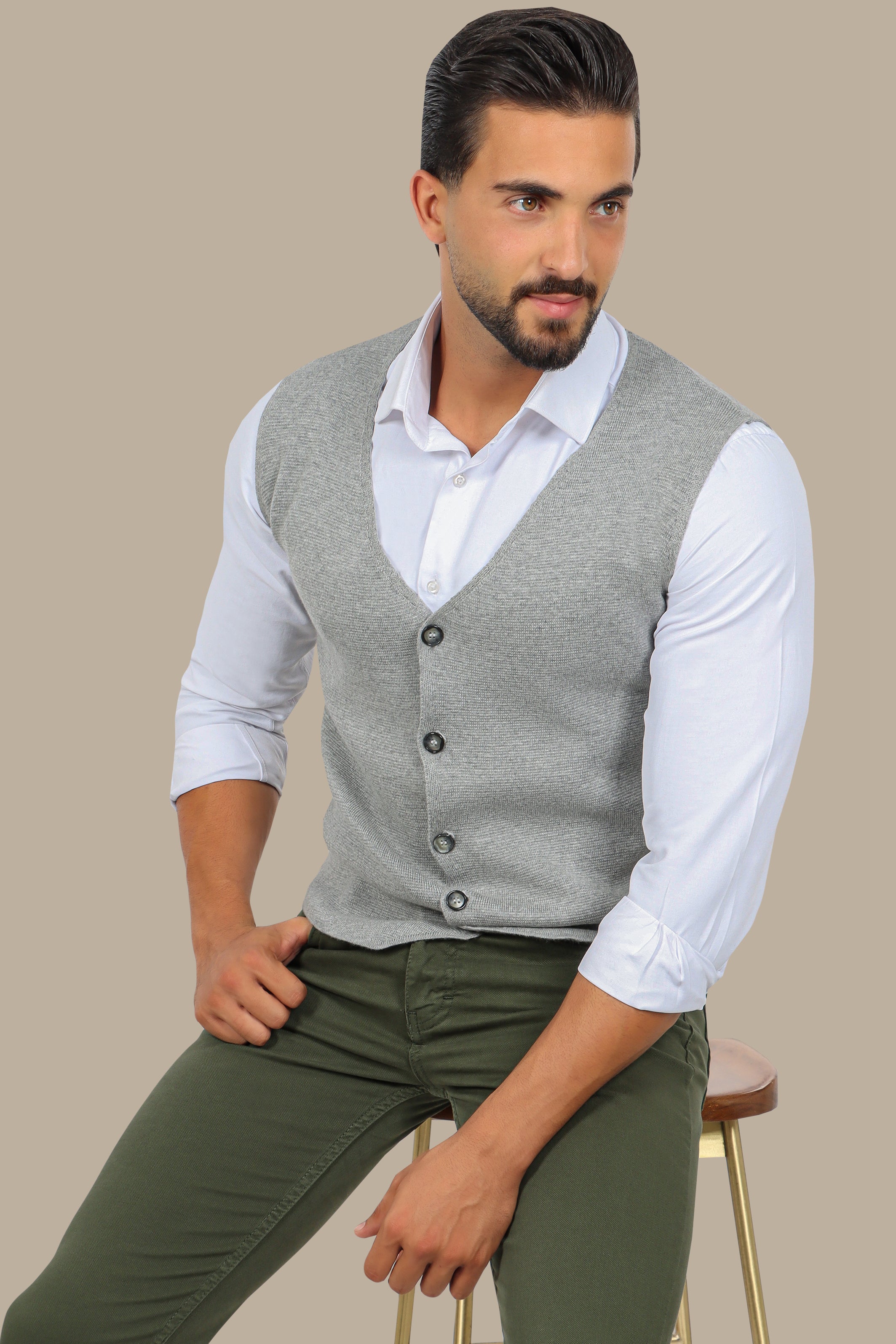 Light Grey Cotton Casual Vest with 5 Buttons