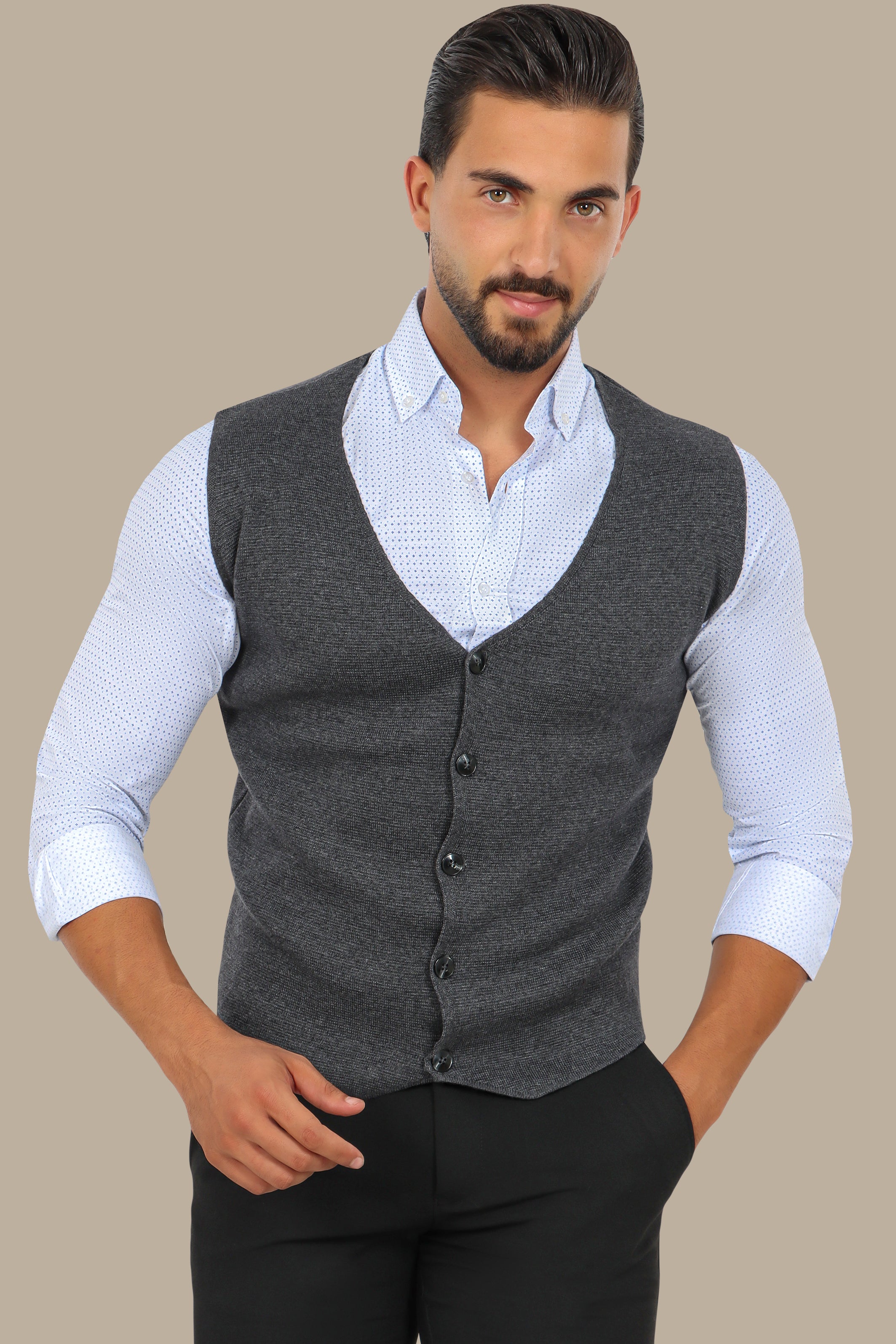 Dark Grey Cotton Casual Vest with 5 Buttons