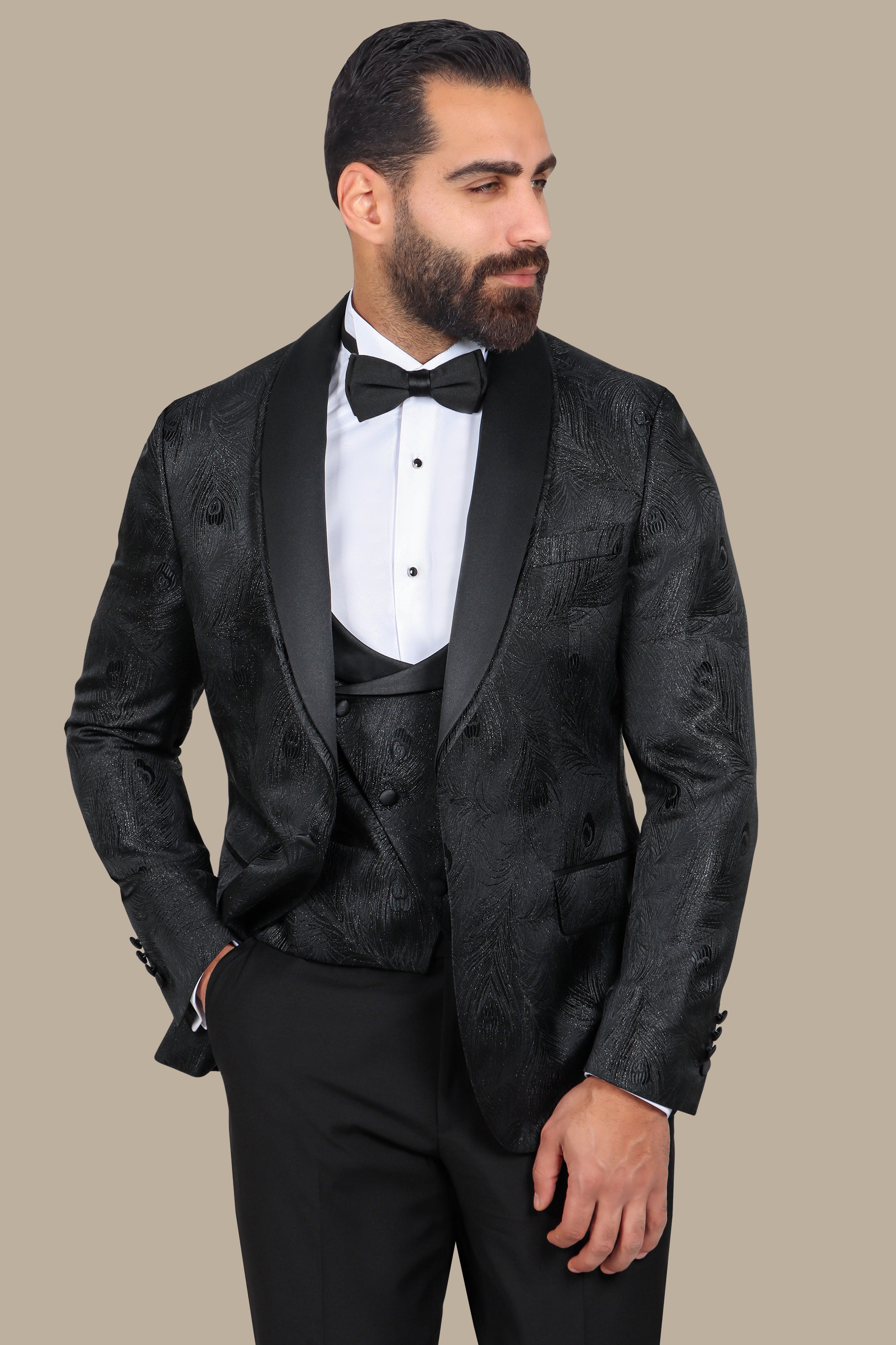 Black 3-Piece Tuxedo with Glitter Double Collar