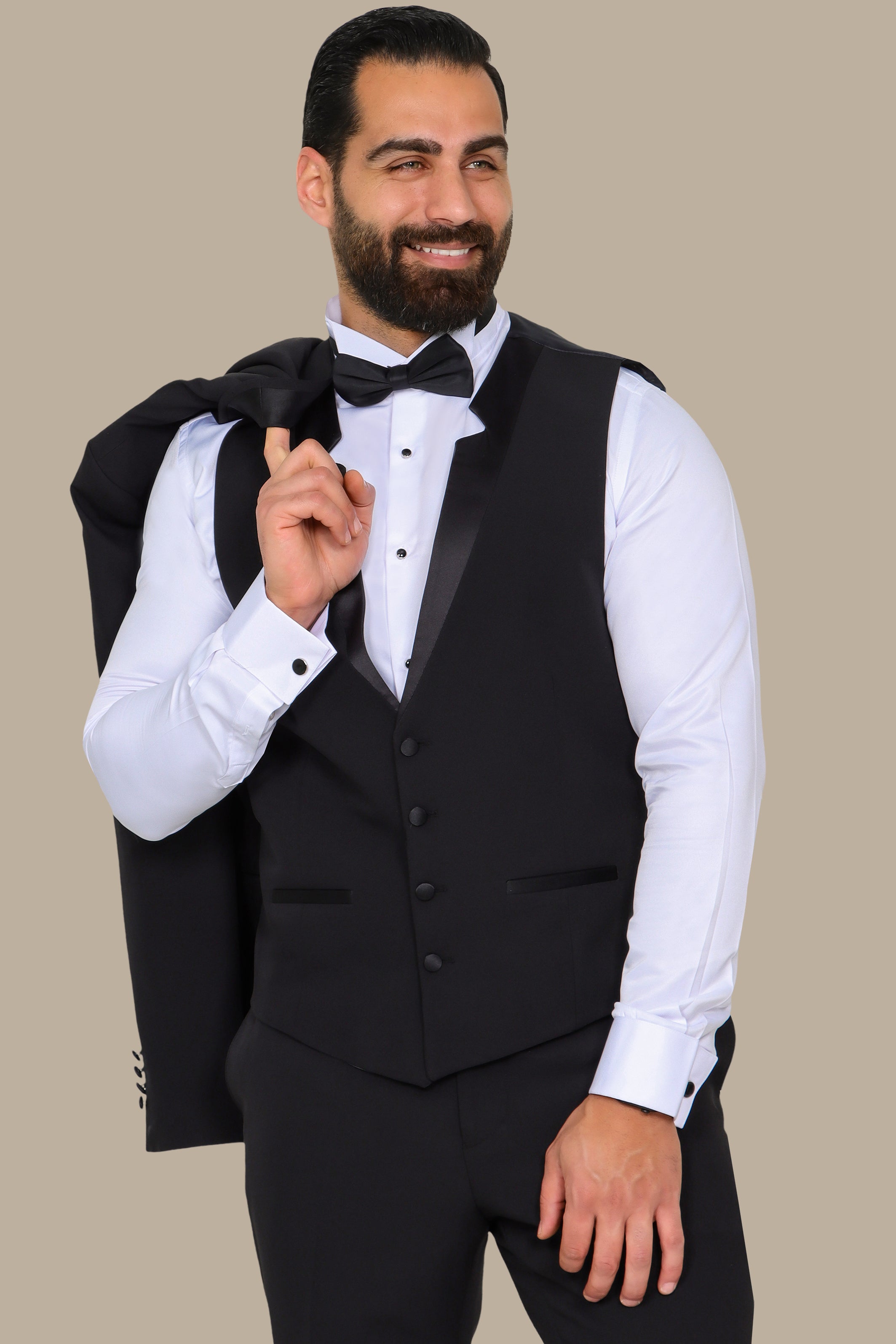 Black 4-Piece Low-Cut Tuxedo with Side Brim Shawl Collar