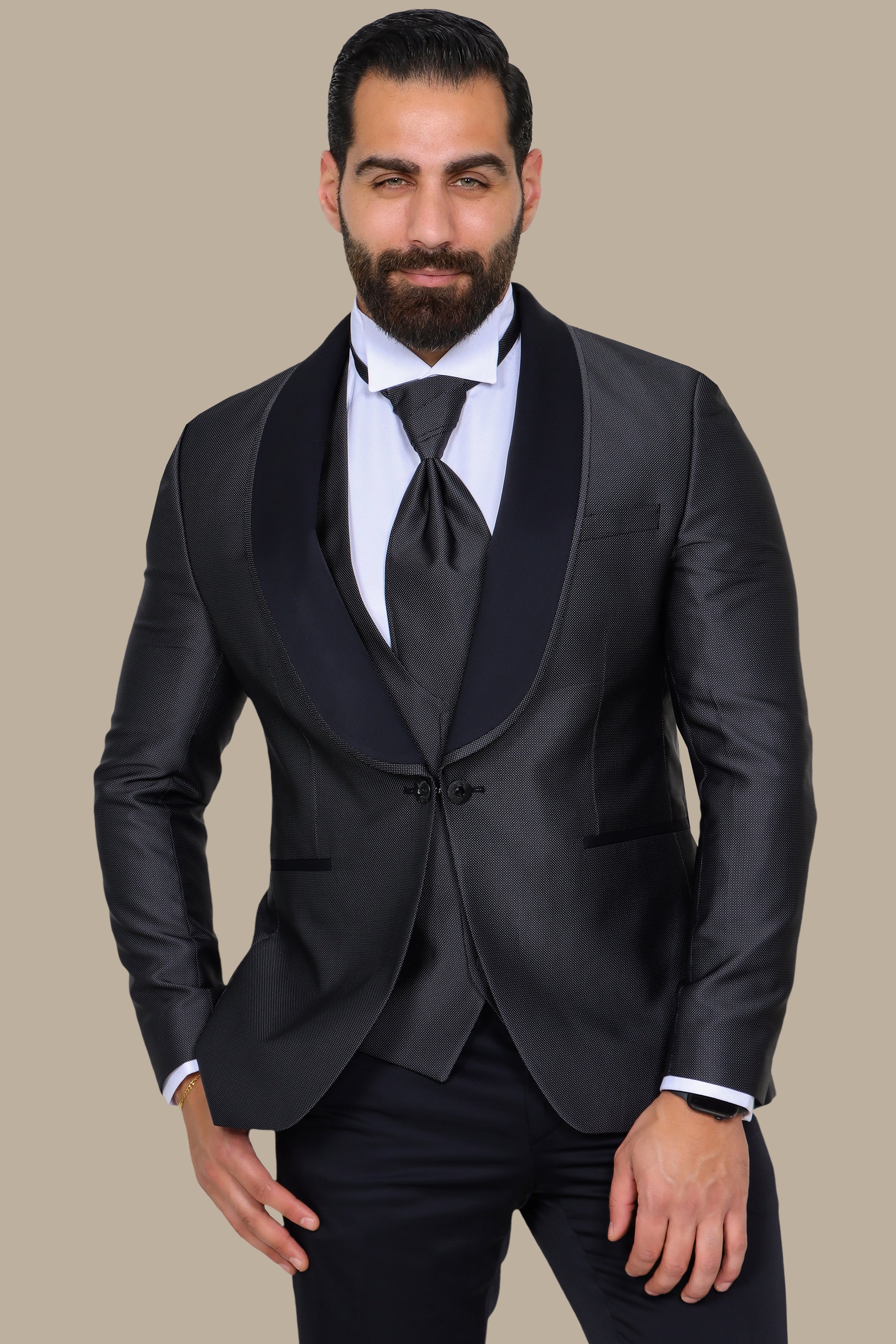 Dark Grey 4-Piece Tuxedo with Piqué Shawl Collar