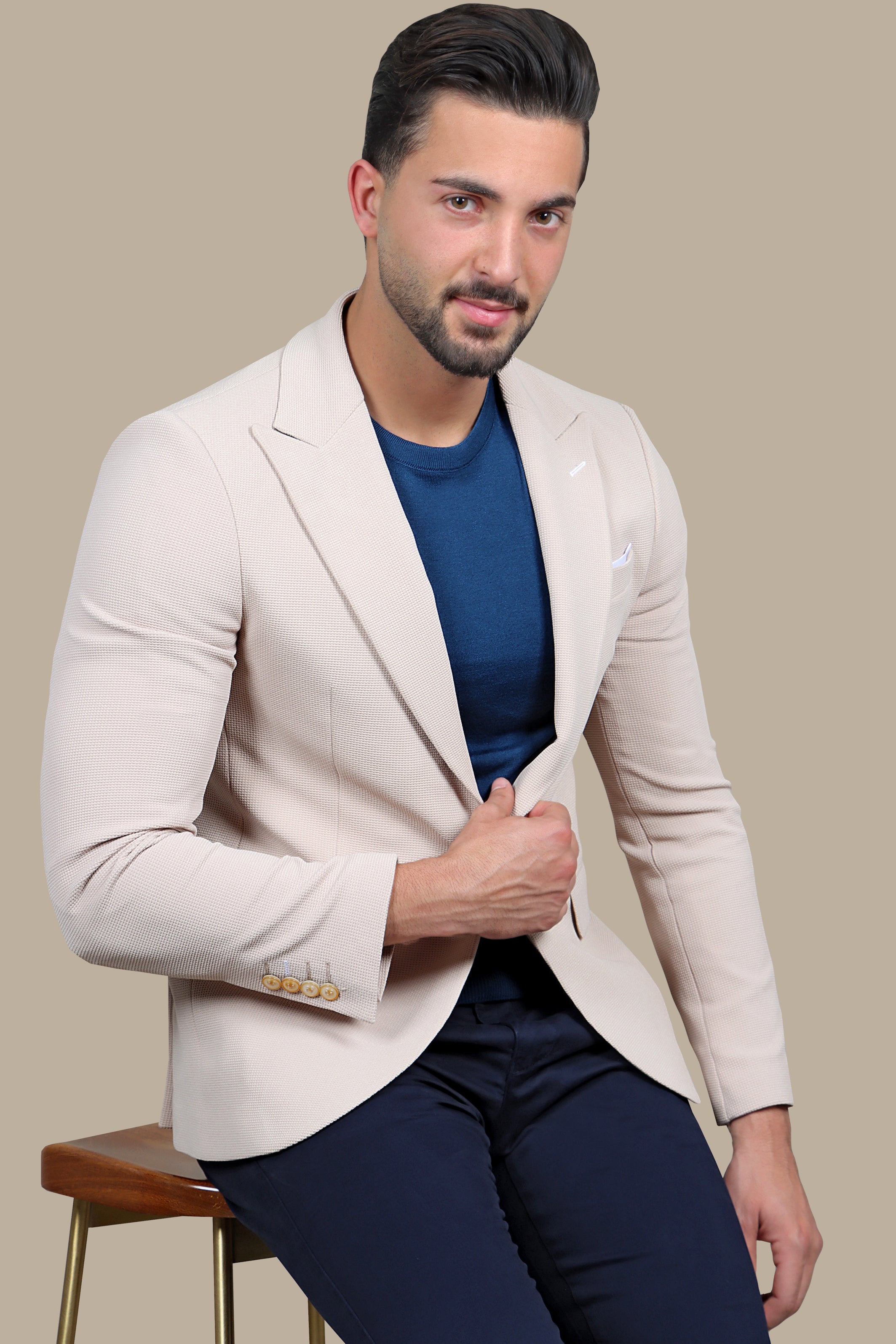 Classic Chic: Beige Structured Peak Lapel Blazer