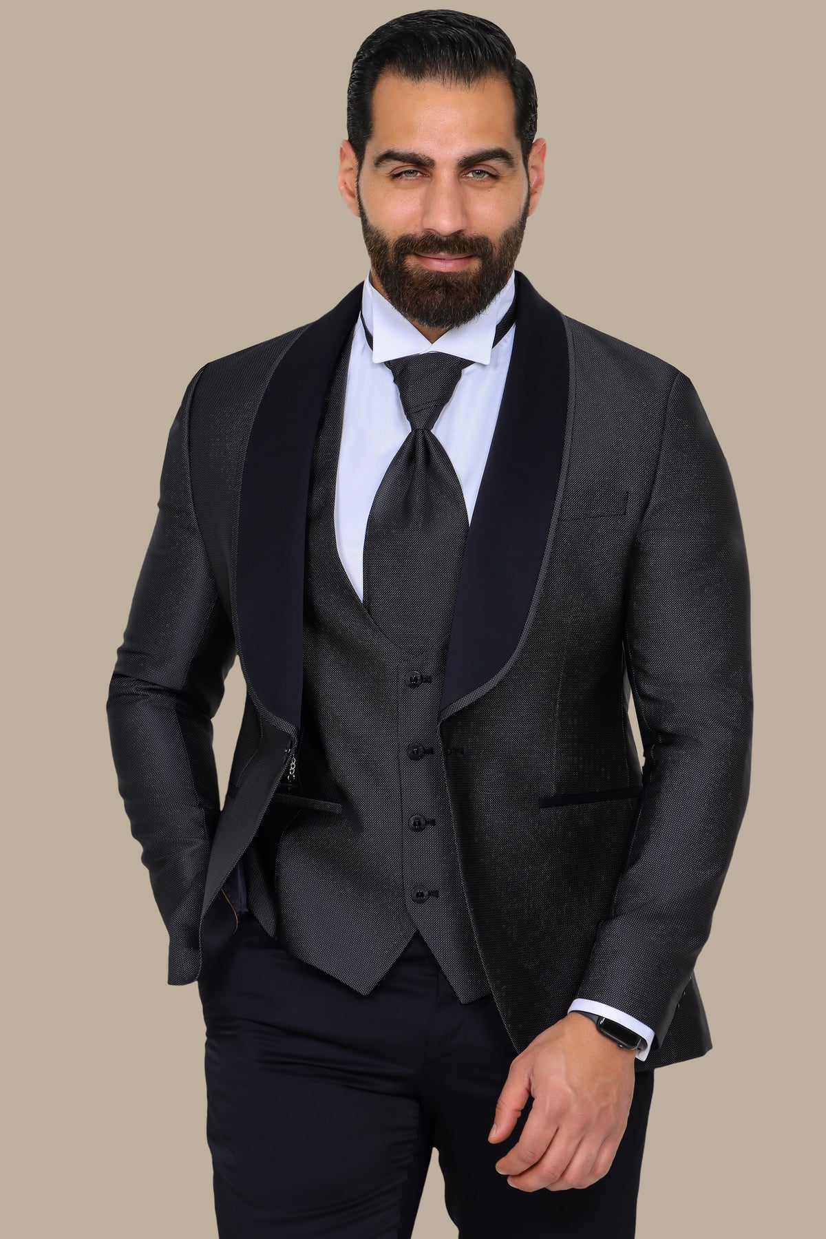 Dark Grey 4-Piece Tuxedo with Piqué Shawl Collar