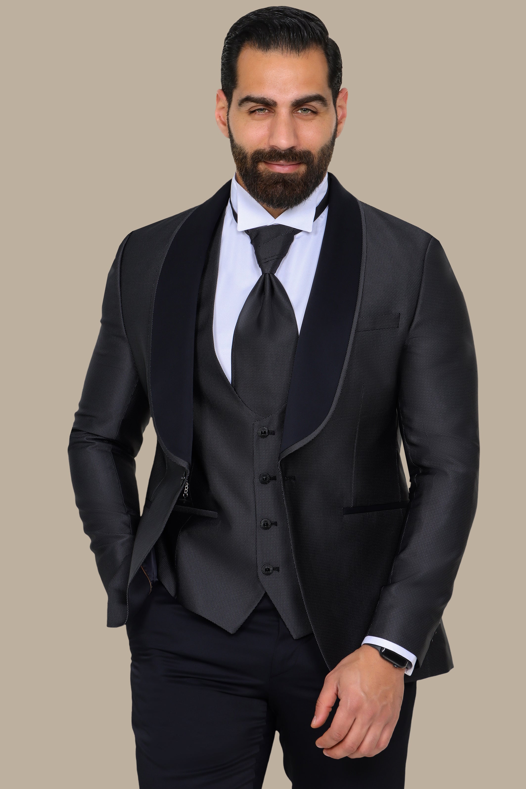 Dark Grey 4-Piece Tuxedo with Piqué Shawl Collar