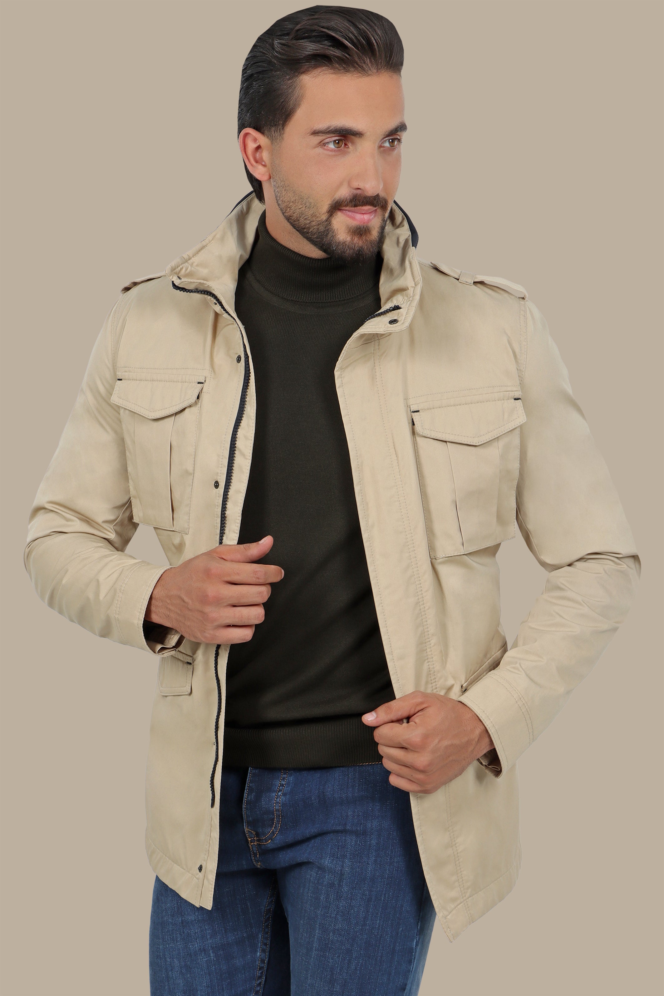 Beige Safari Expedition Jacket: Journey in Style