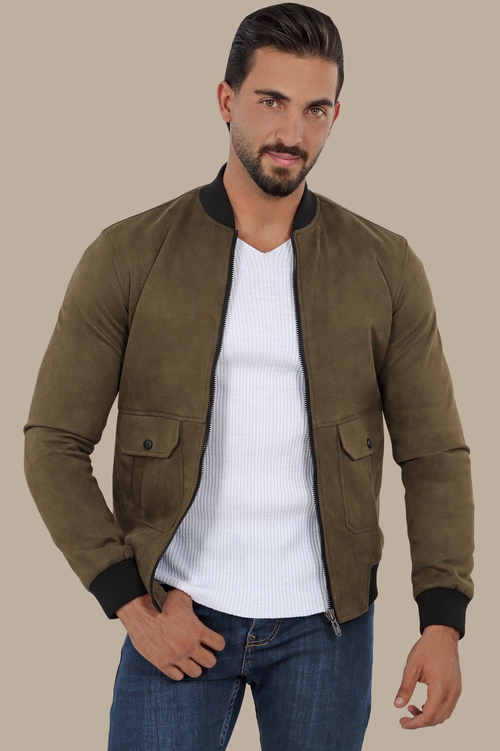 Olive Elegance: Col Mao Blouson Jacket