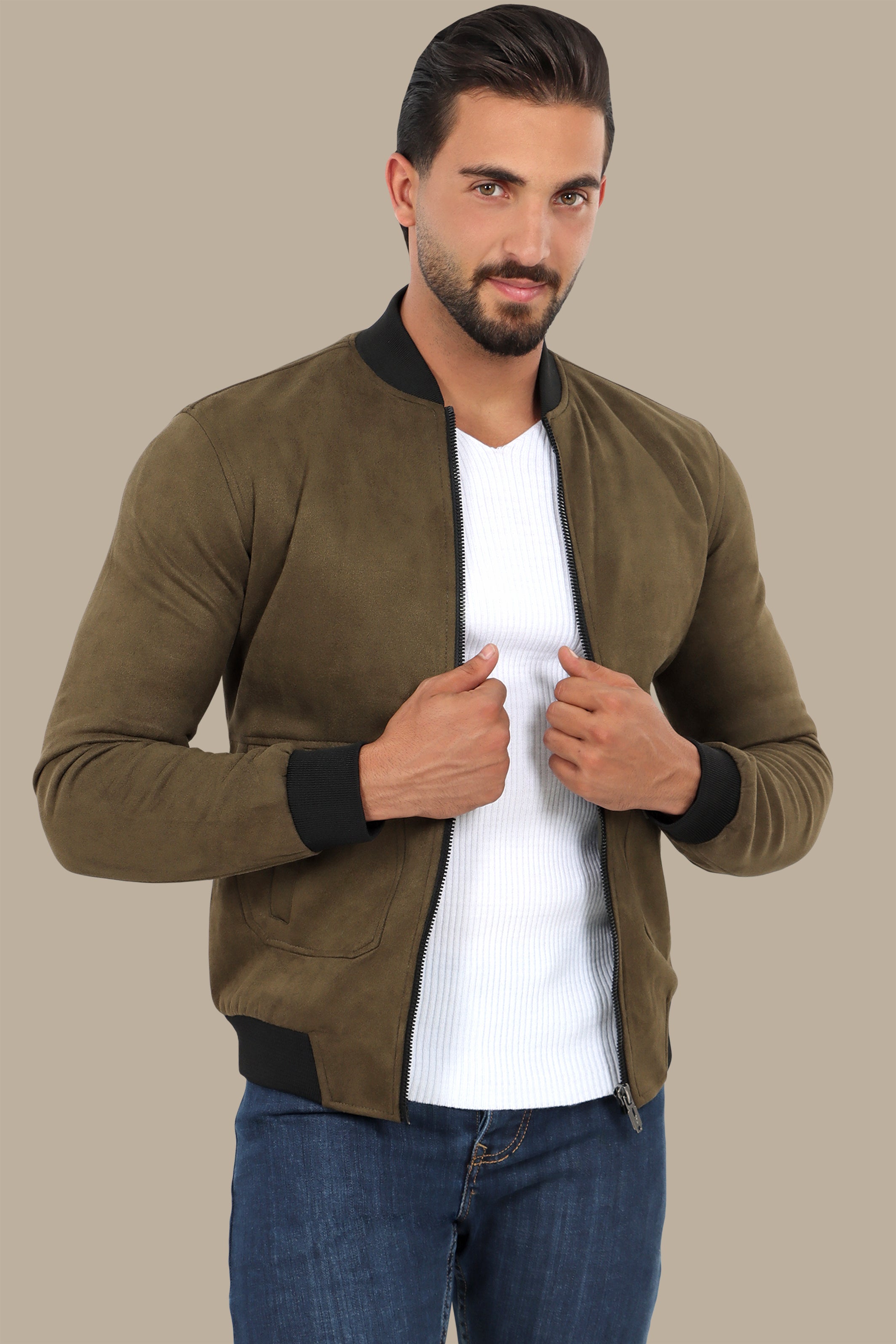 Olive Elegance: Col Mao Blouson Jacket