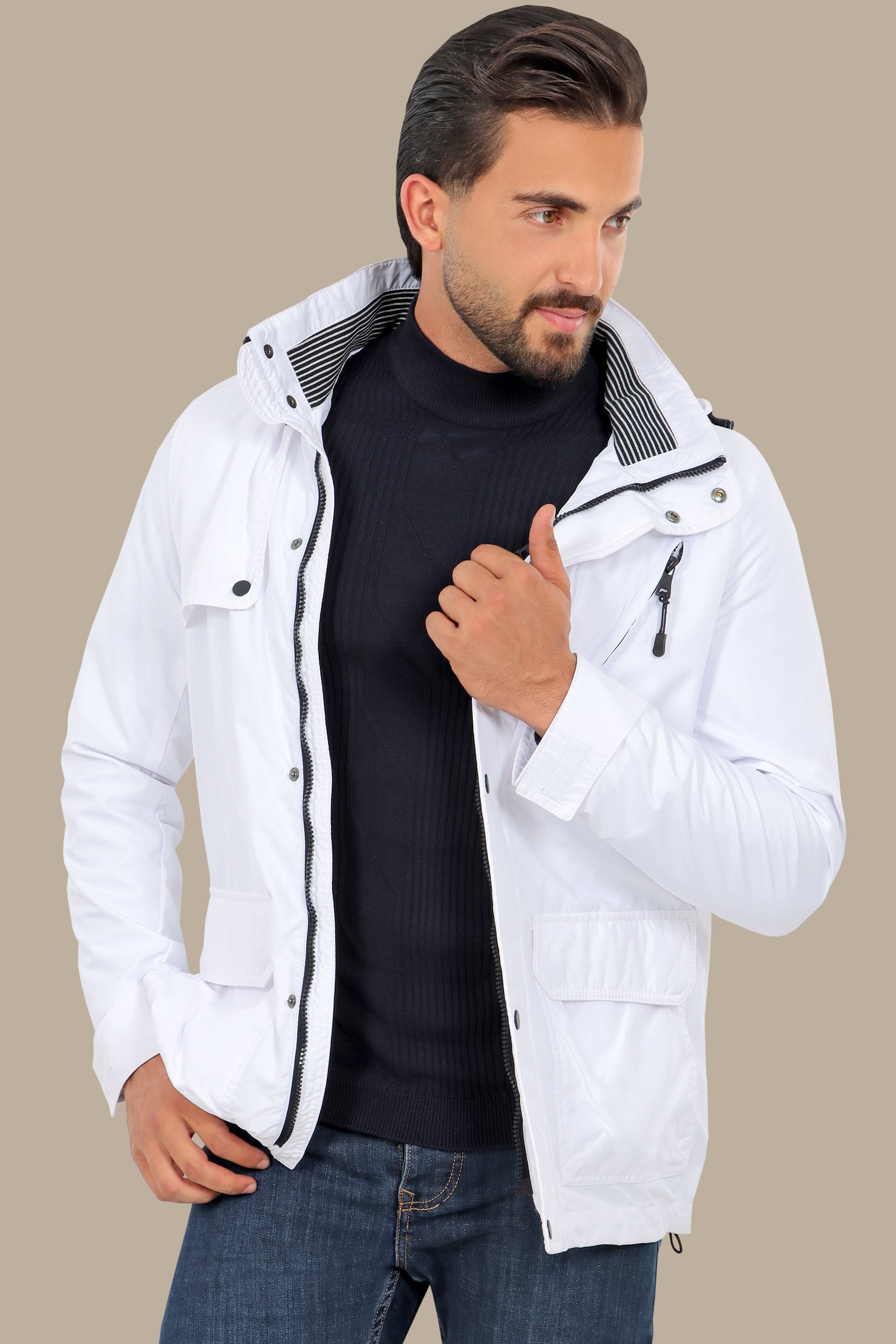 Arctic Breeze: White Windbreaker Jacket for Stylish Versatility