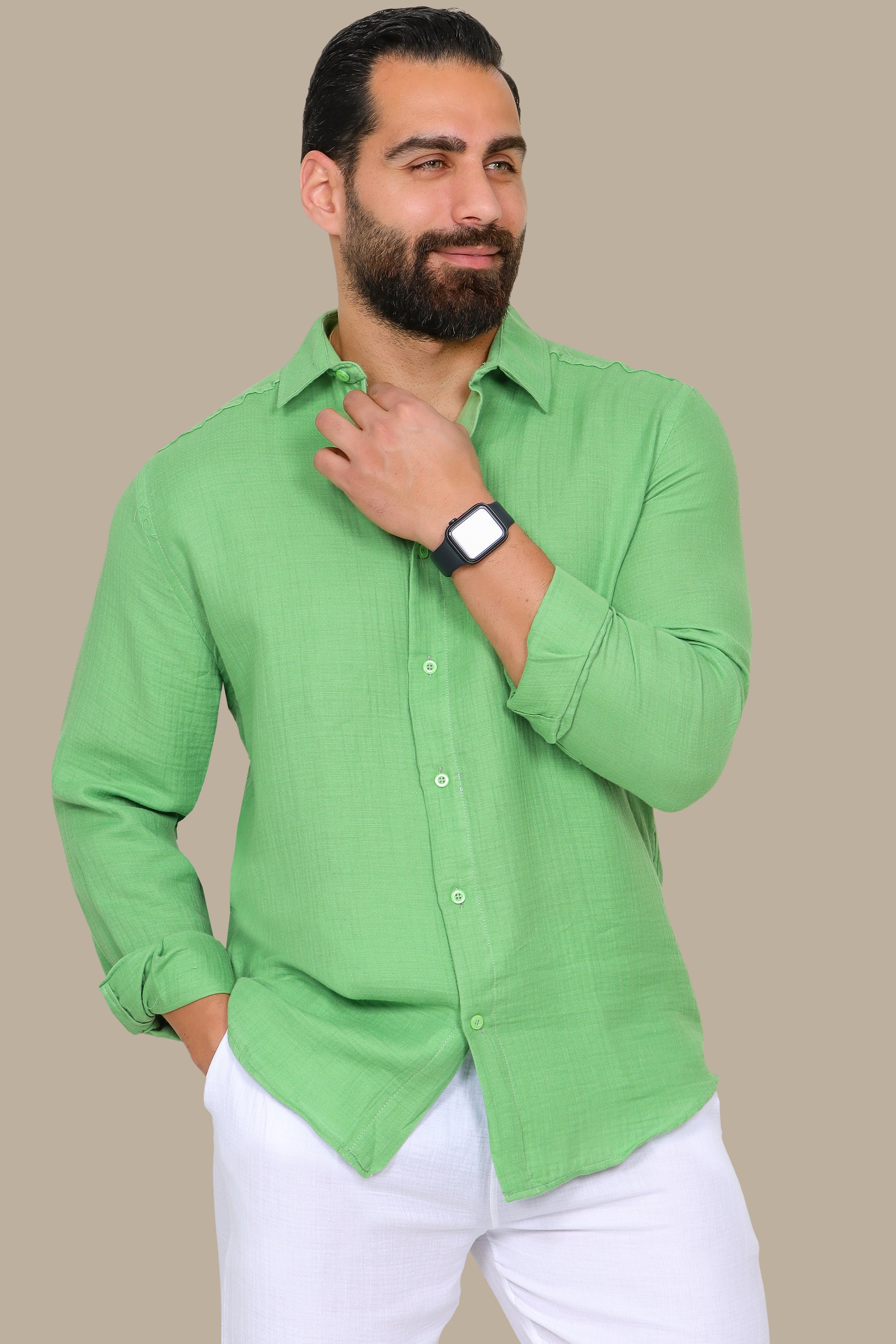 Green Plain Linen Long Sleeve Shirt