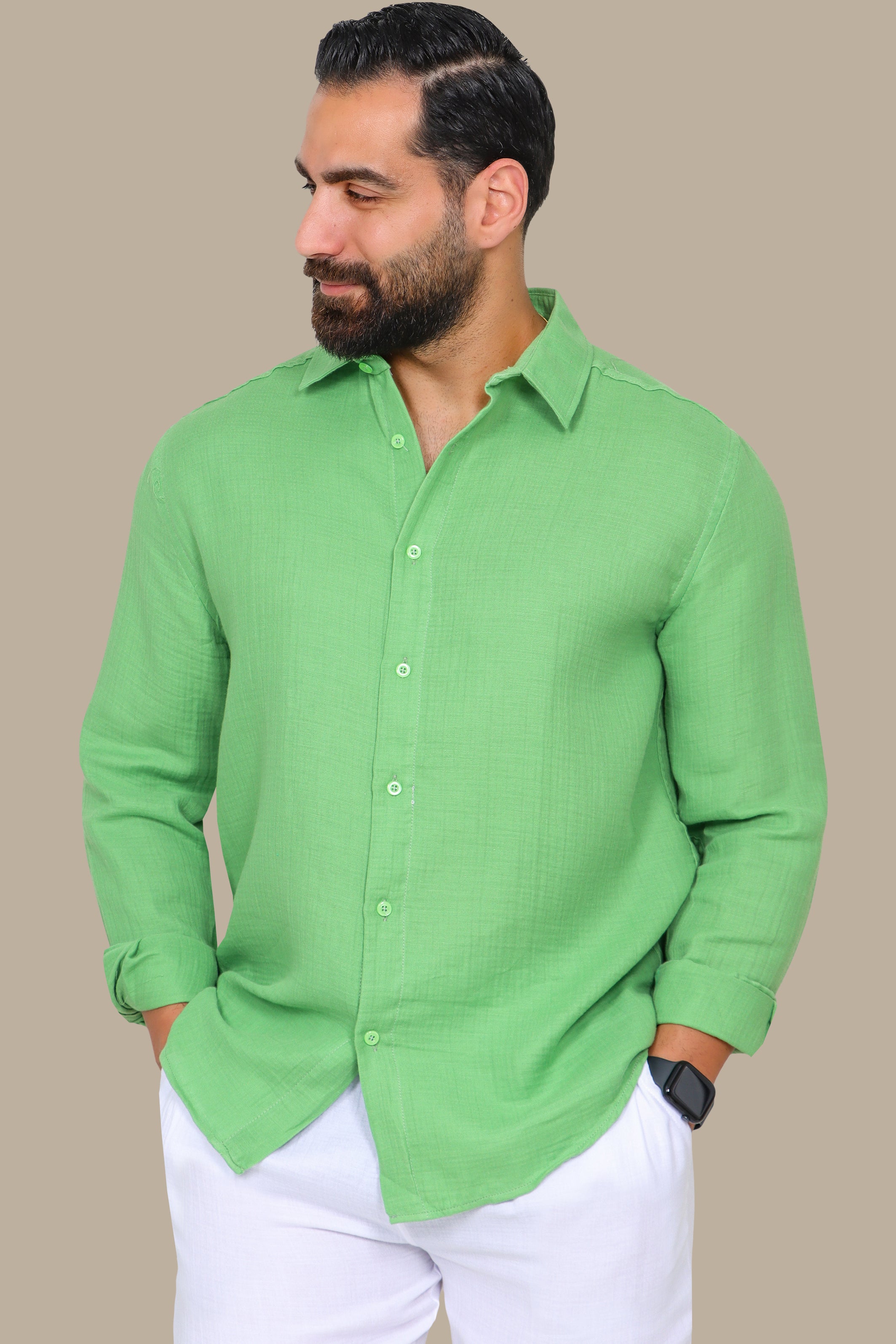 Green Plain Linen Long Sleeve Shirt