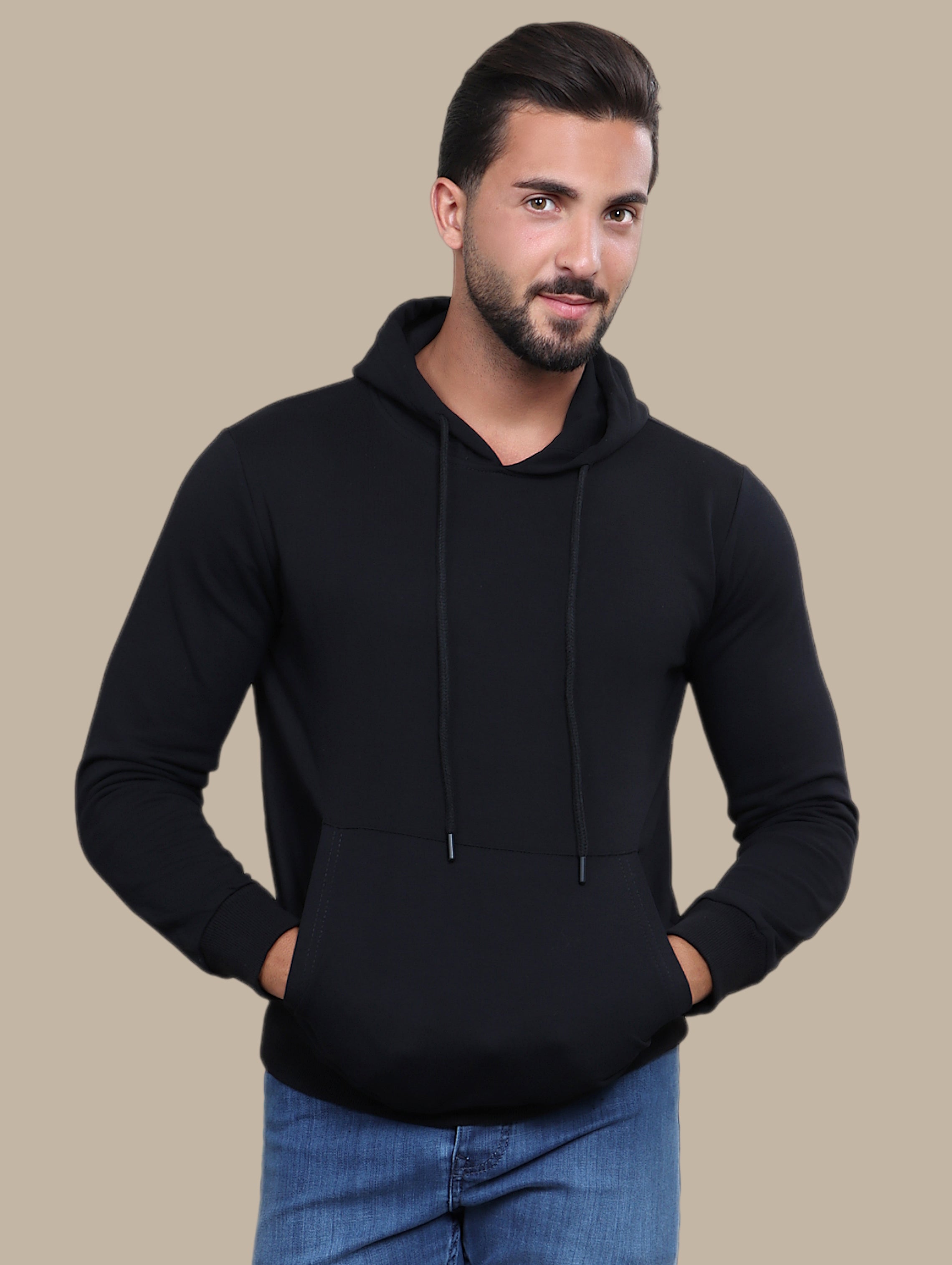 Onyx Comfort: Black Hooded Sweatshirt with Pockets