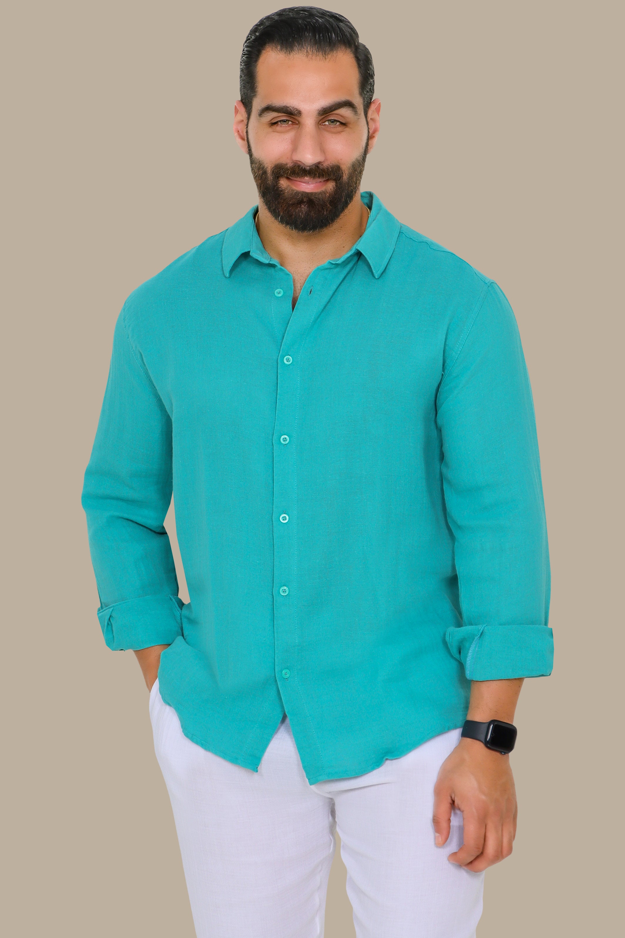 Turquoise Plain Linen Long Sleeve Shirt