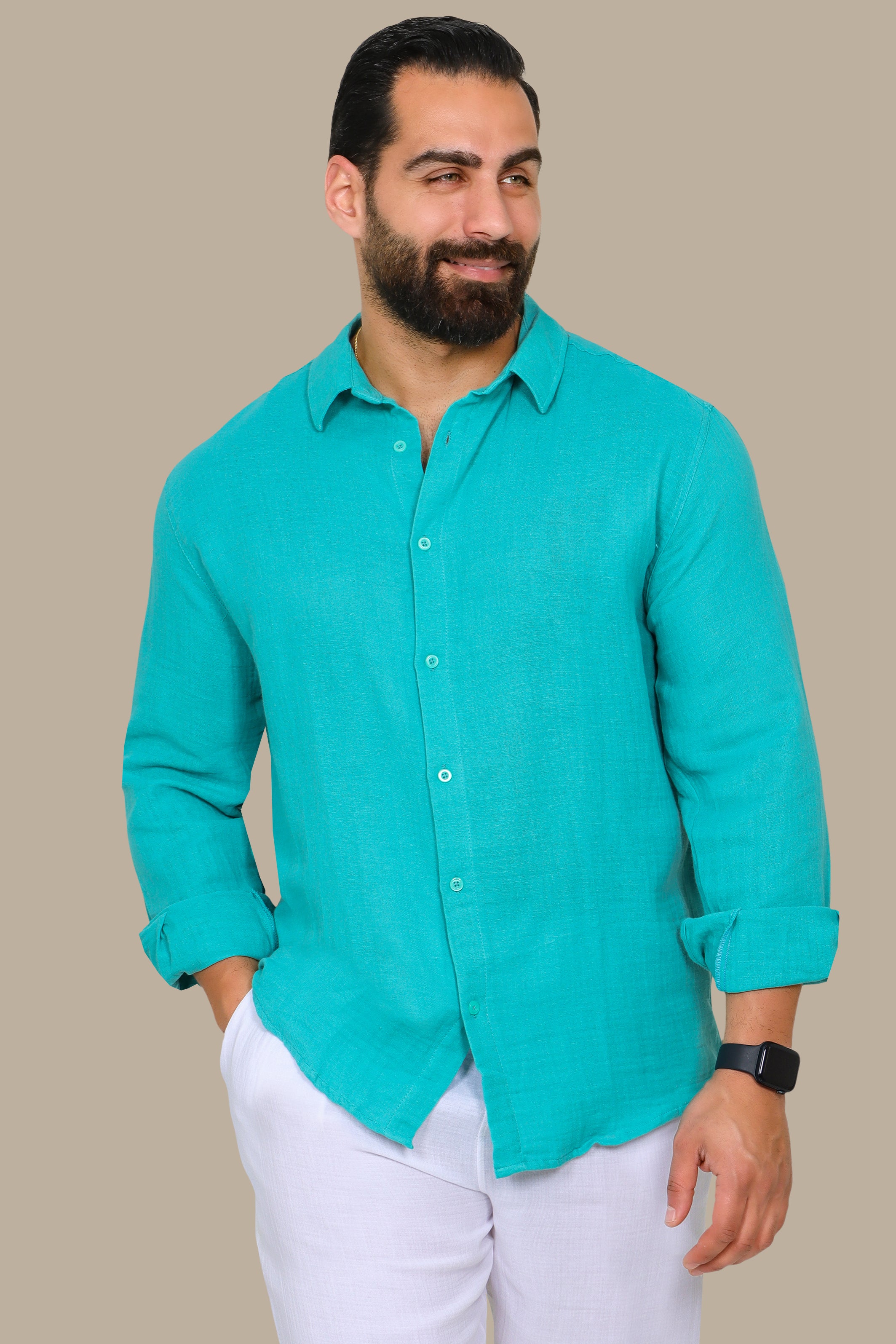 Turquoise Plain Linen Long Sleeve Shirt