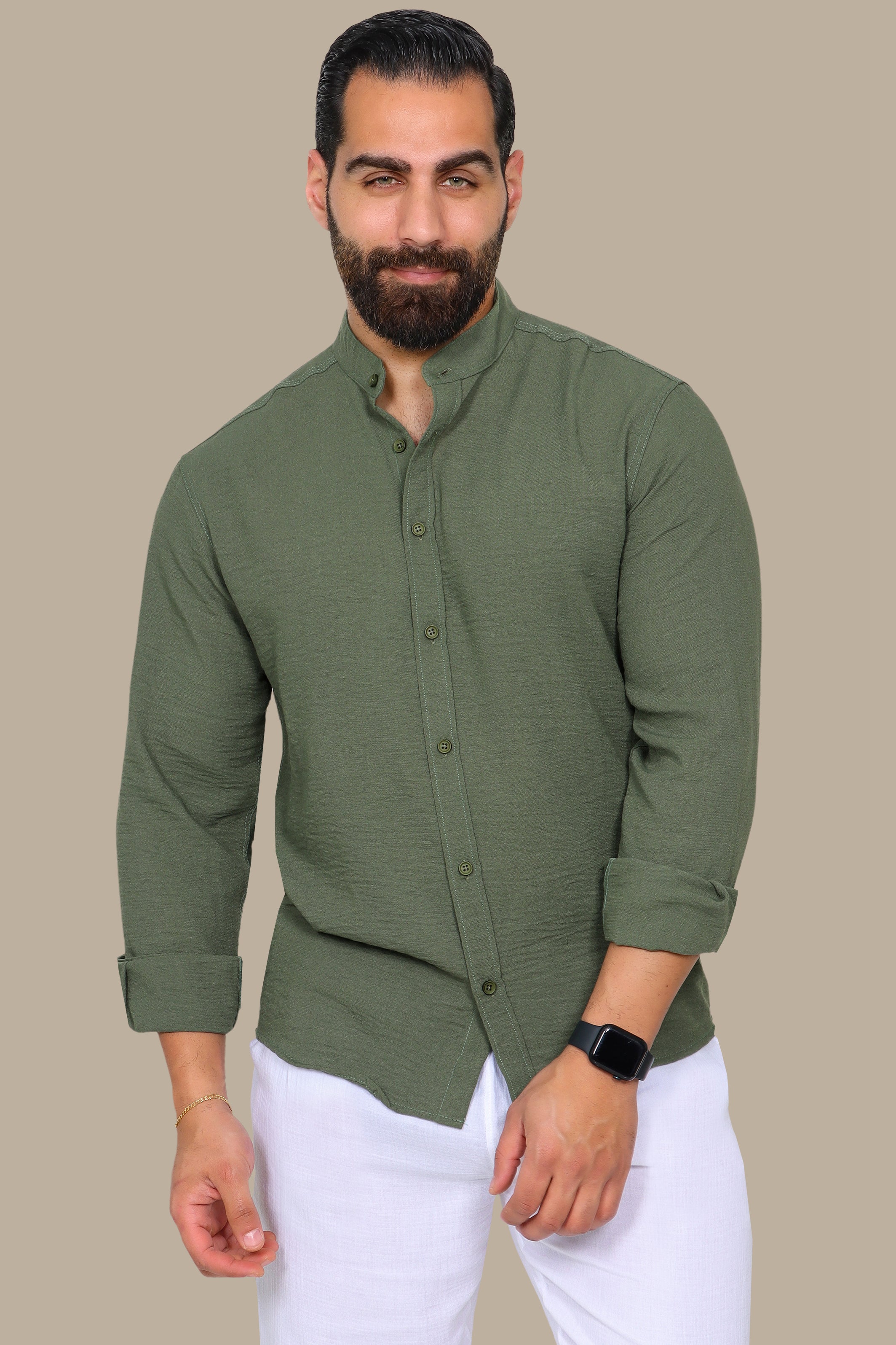 Khaki Linen Aerobin Shirt with Mao Collar