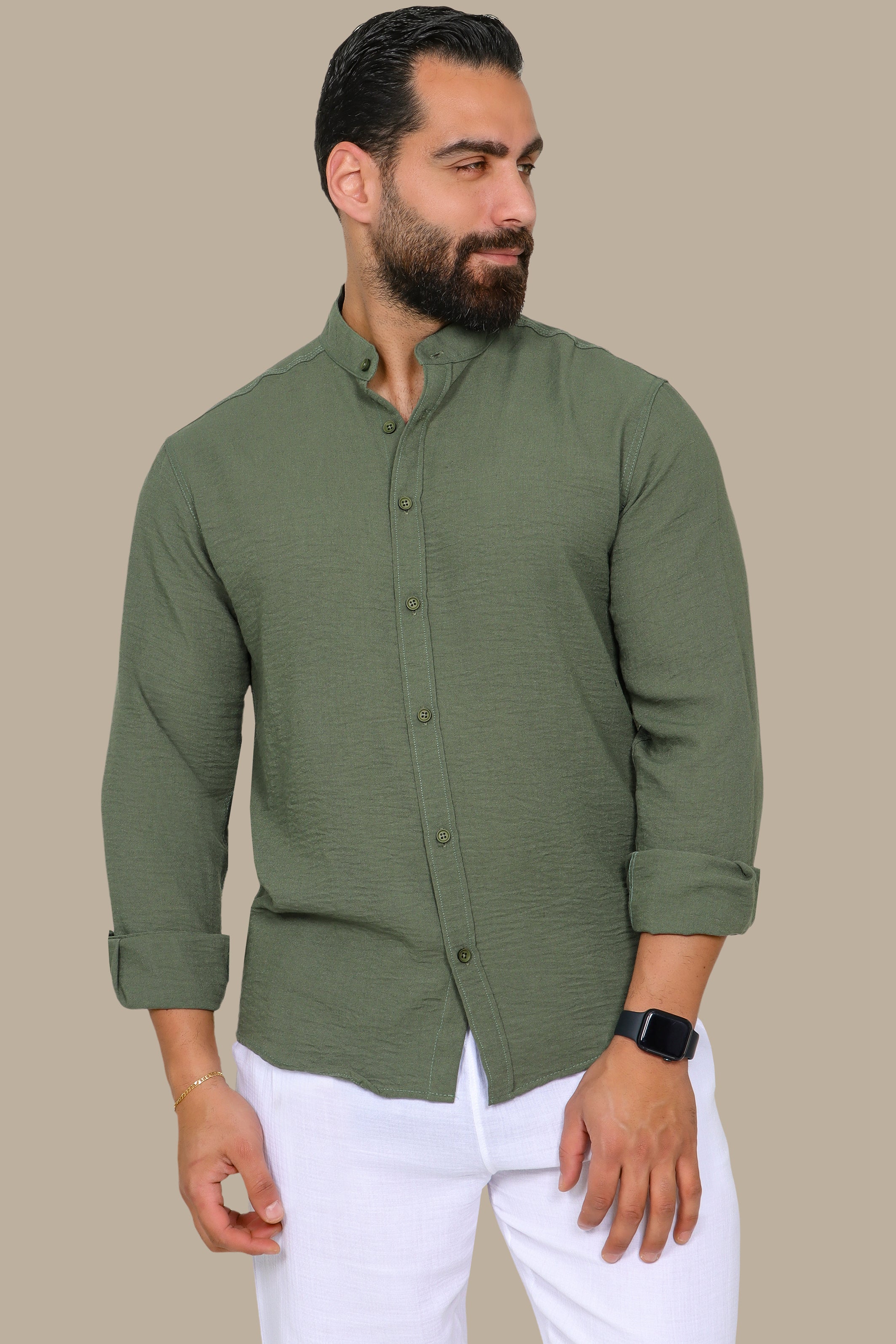 Khaki Linen Aerobin Shirt with Mao Collar
