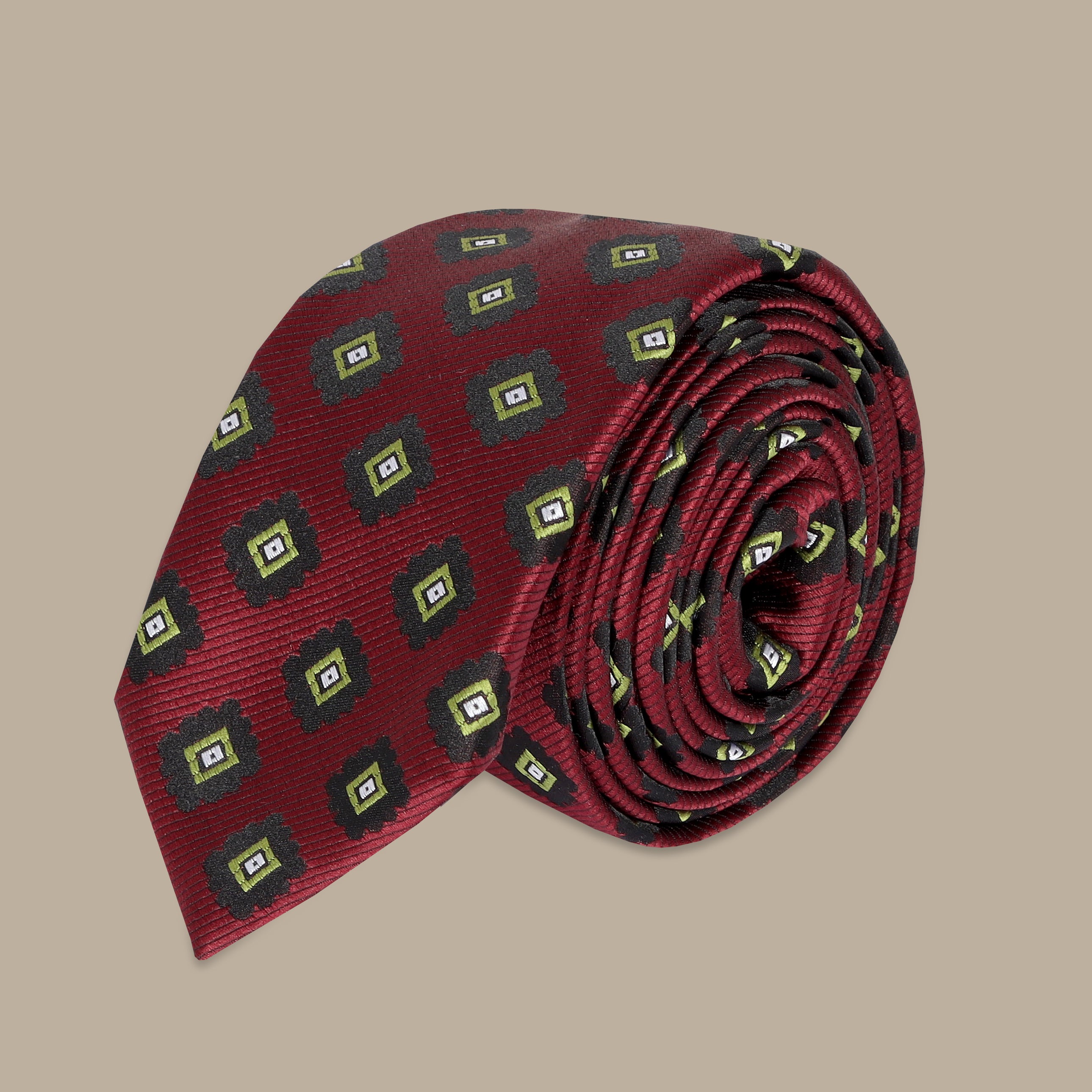 Burgundy Tie Set with Big Diamond Print